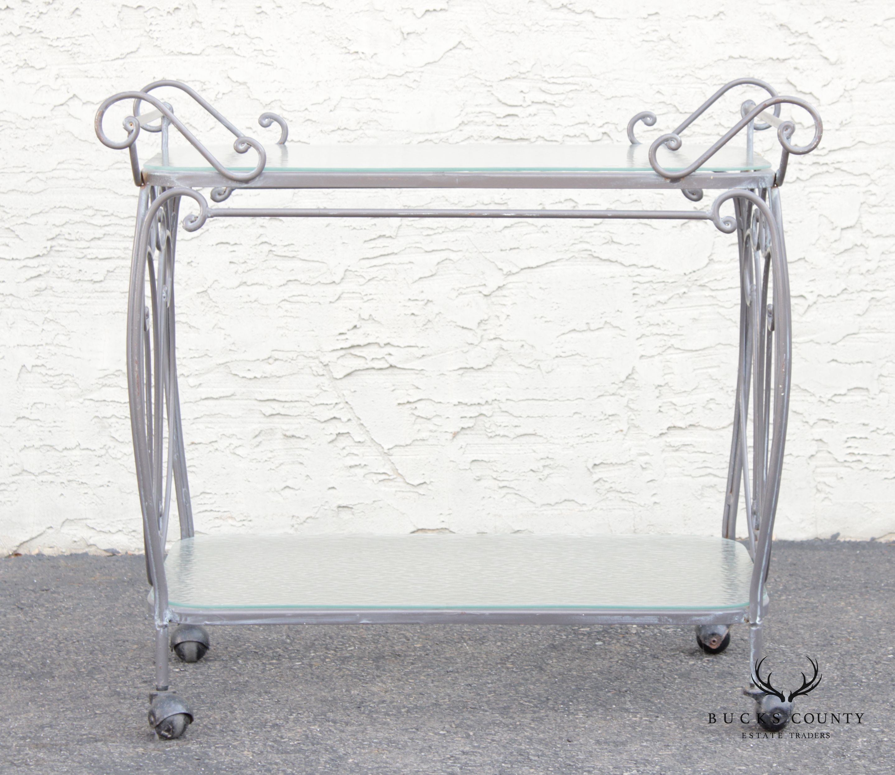 French Style Vintage Wrought Iron Scroll Two-Tier Outdoor Bar or Serving Cart
