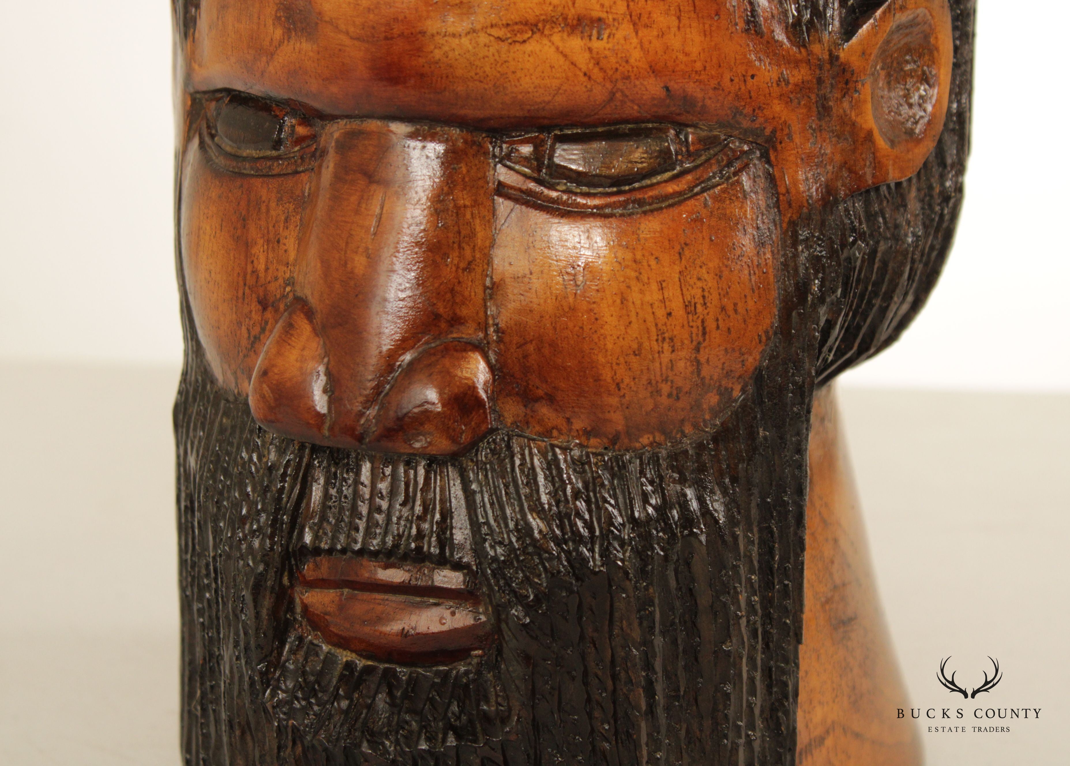 Folk Art Vintage Carved Wood Bust of Bearded Man