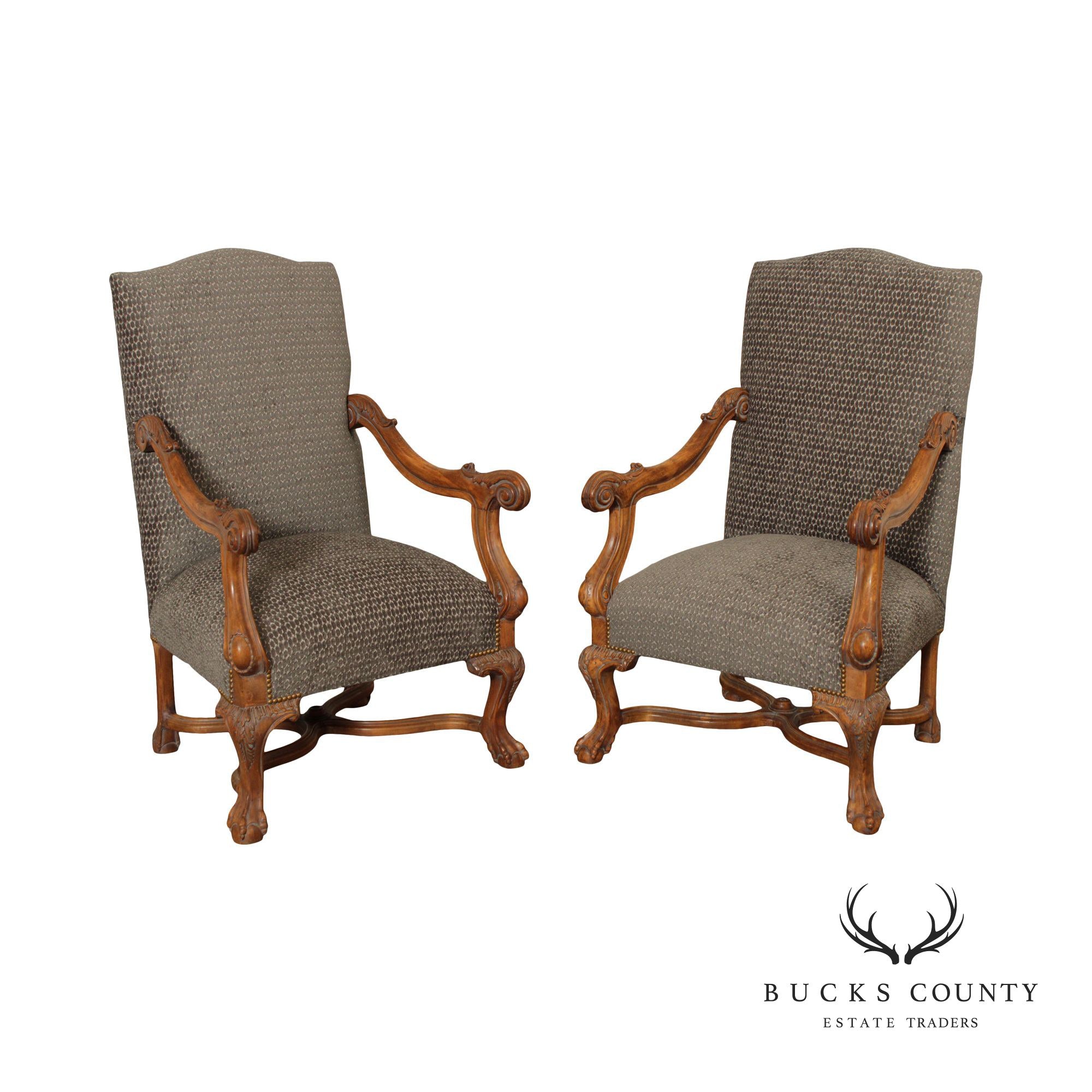 French Renaissance Revival Style Quality Pair of Carved And Upholstered Armchairs