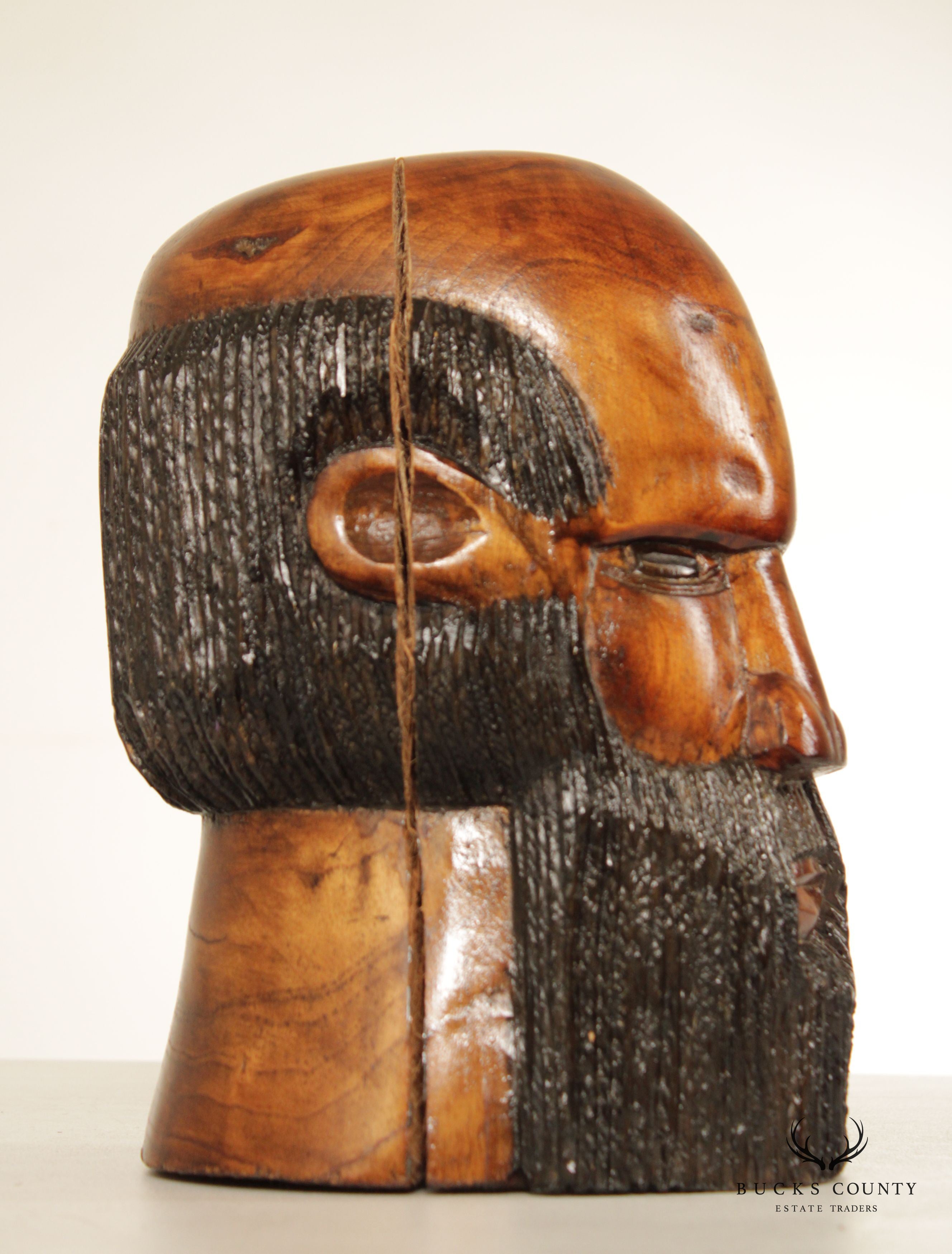 Folk Art Vintage Carved Wood Bust of Bearded Man