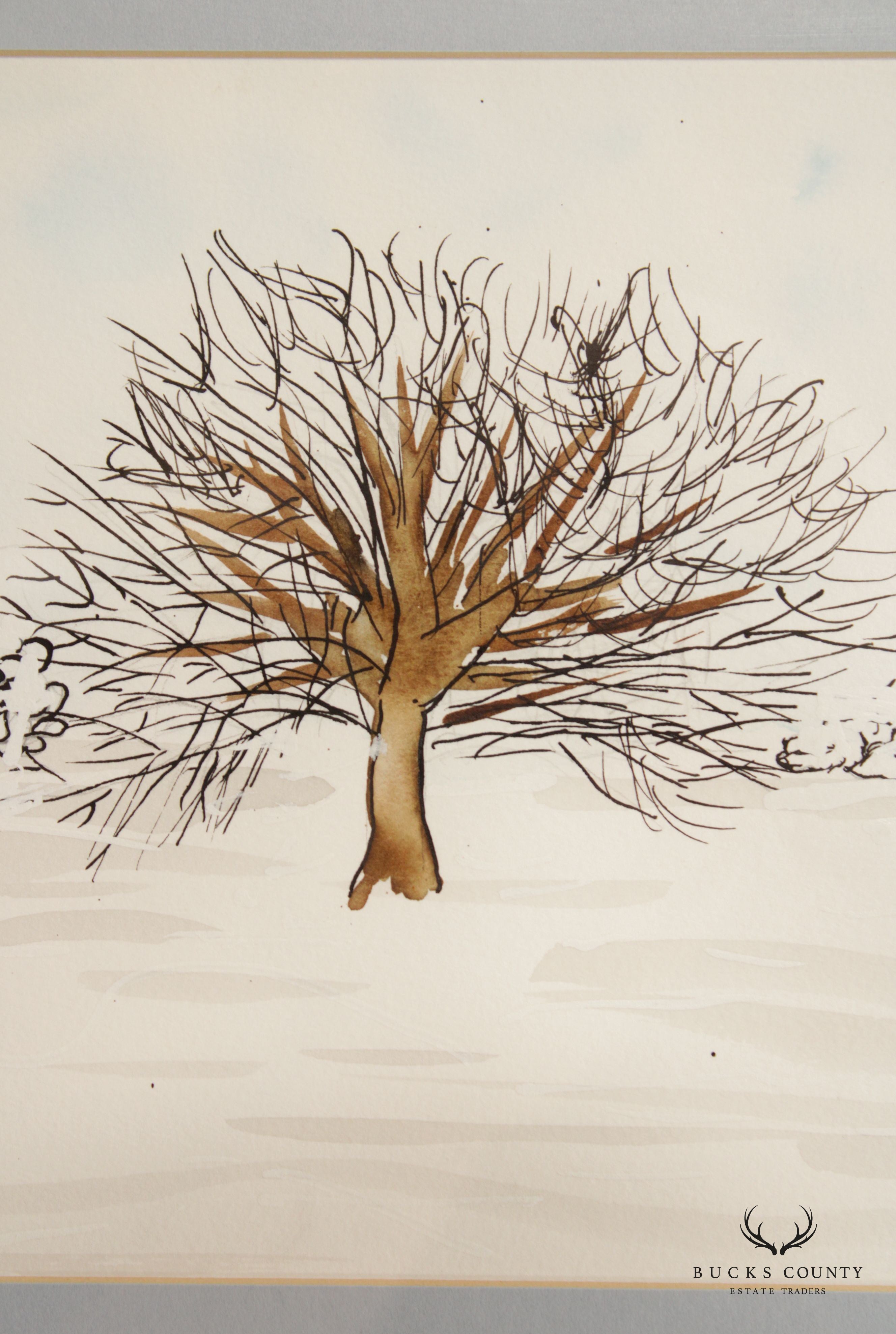 Vintage 20th C. Illustrative Winter Tree Watercolor Drawing