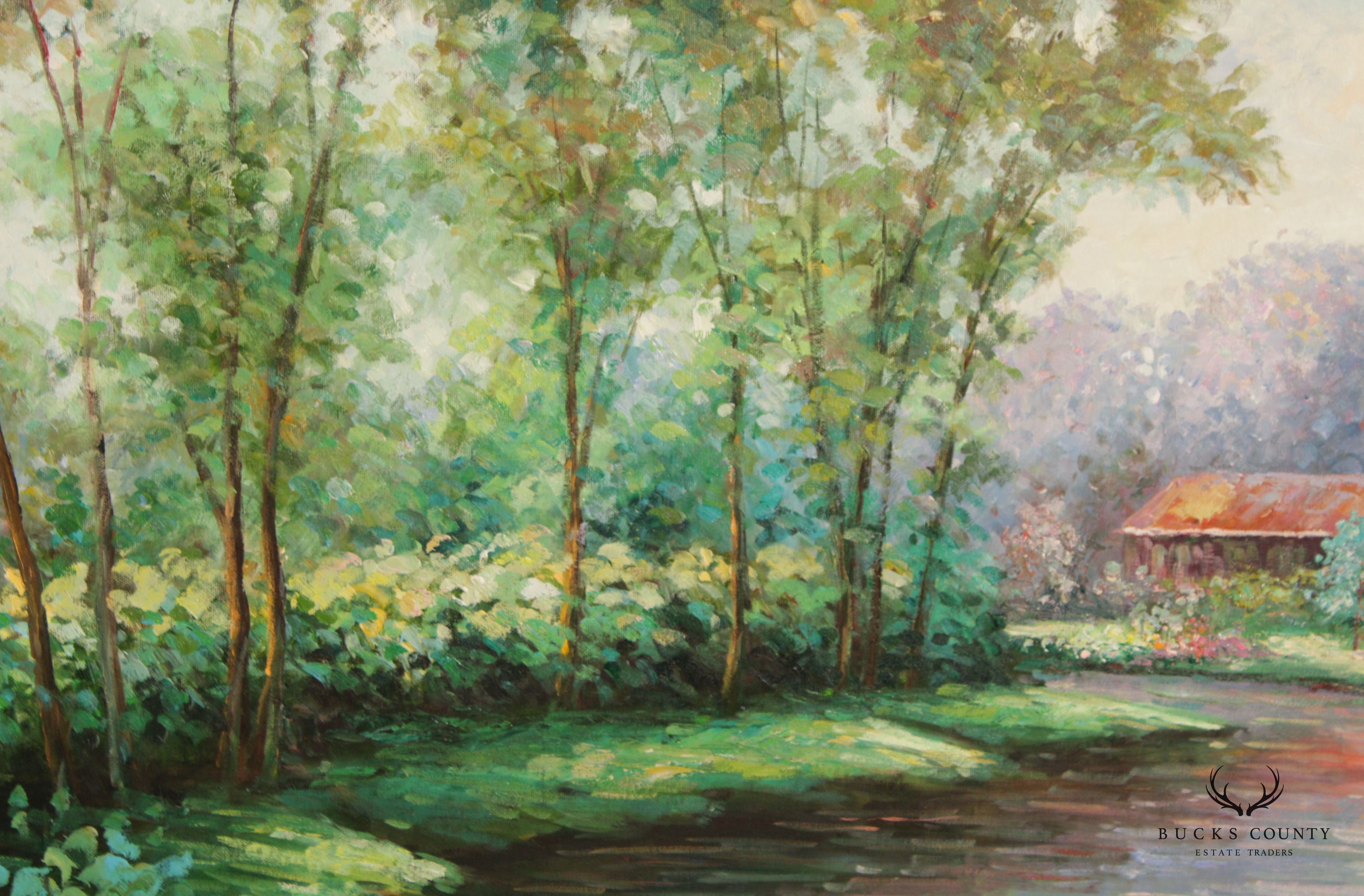 Vintage Impressionist Garden Landscape Original Oil Painting, Signed Thomas