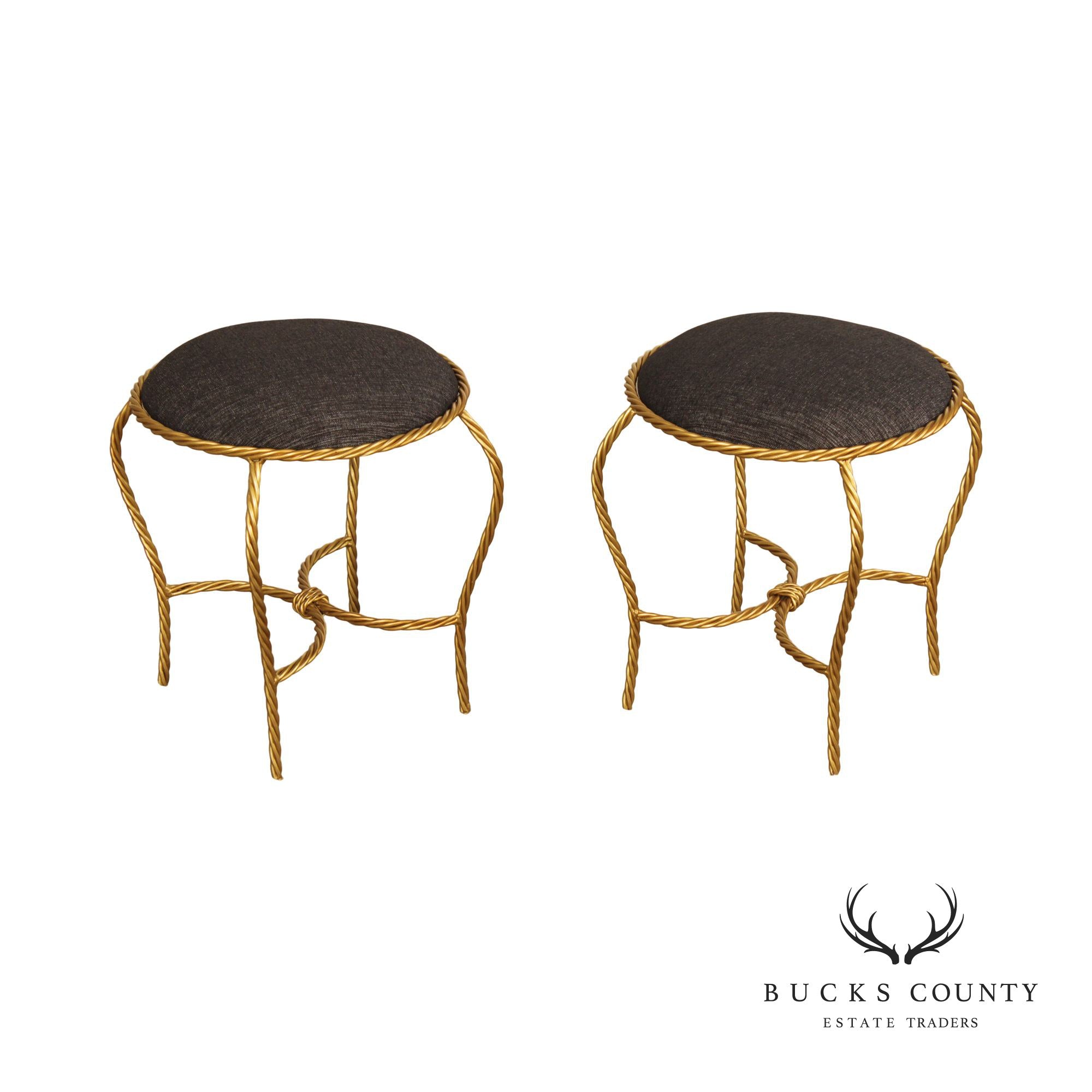 Hollywood Regency Pair of Gilt Metal Rope Twist Stools