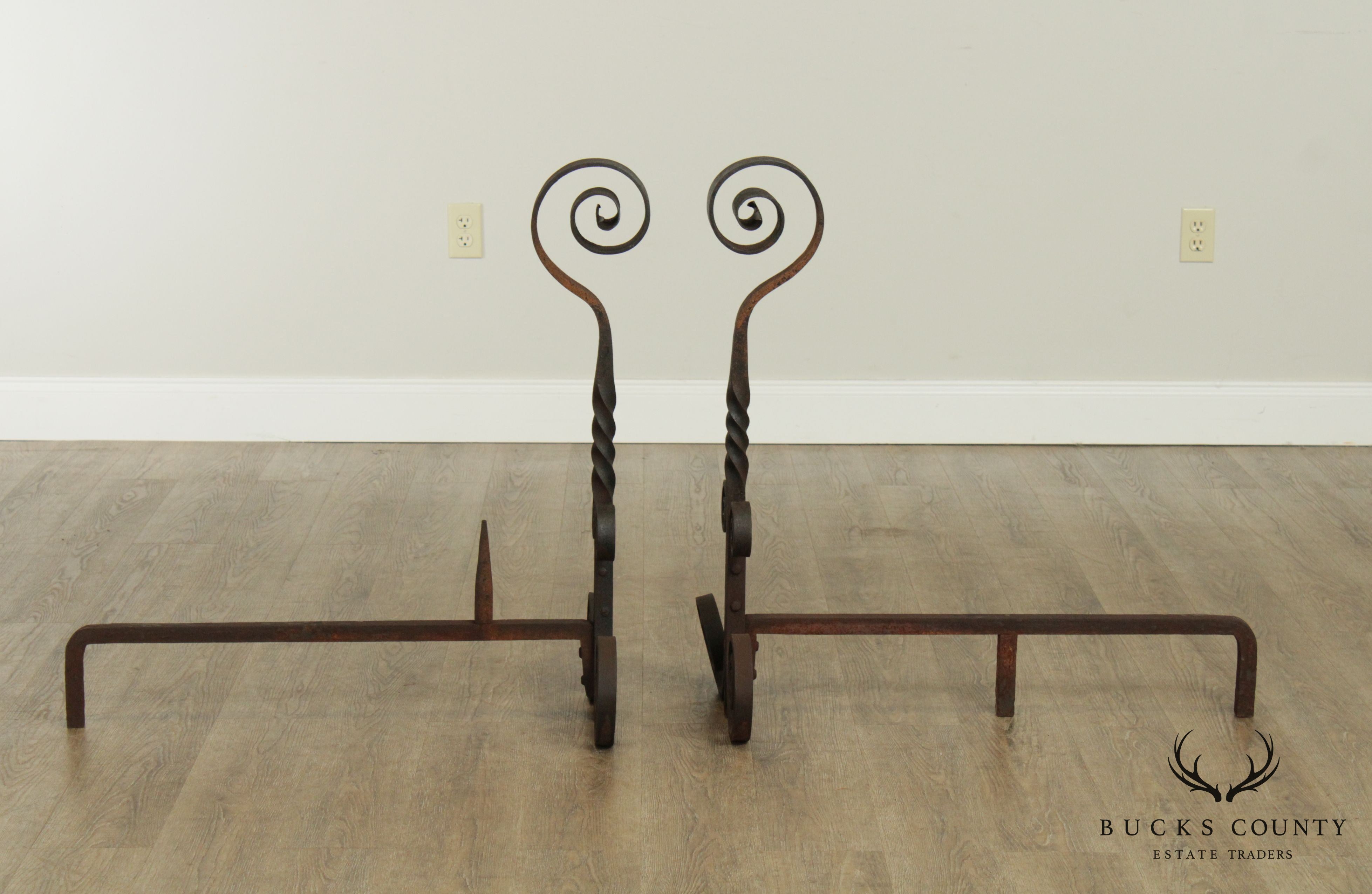 Vintage Hand Forged Iron Pair Andirons