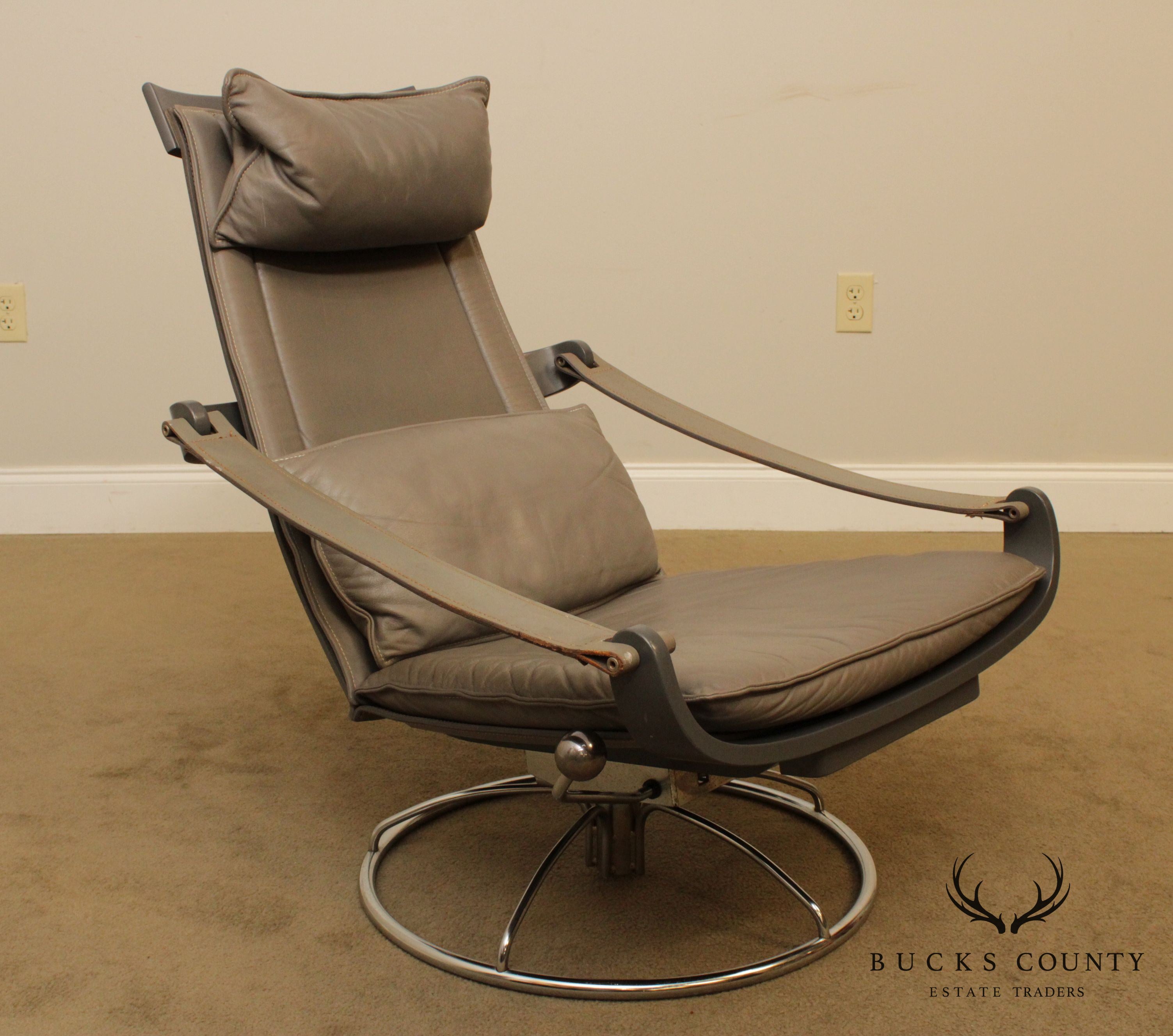 Mid Century Modern Grey Leather Chrome Base Swivel Lounge Chair