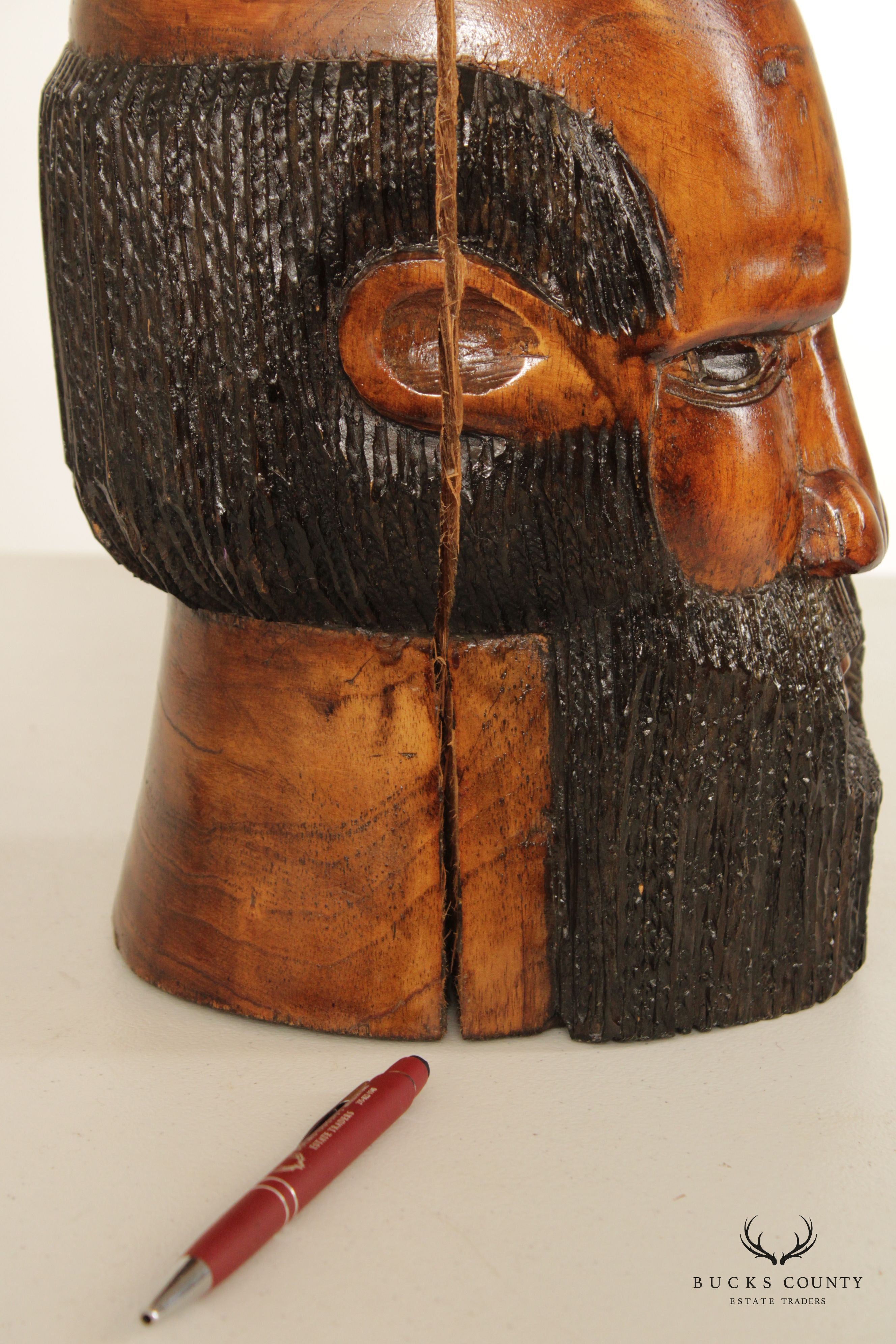 Folk Art Vintage Carved Wood Bust of Bearded Man
