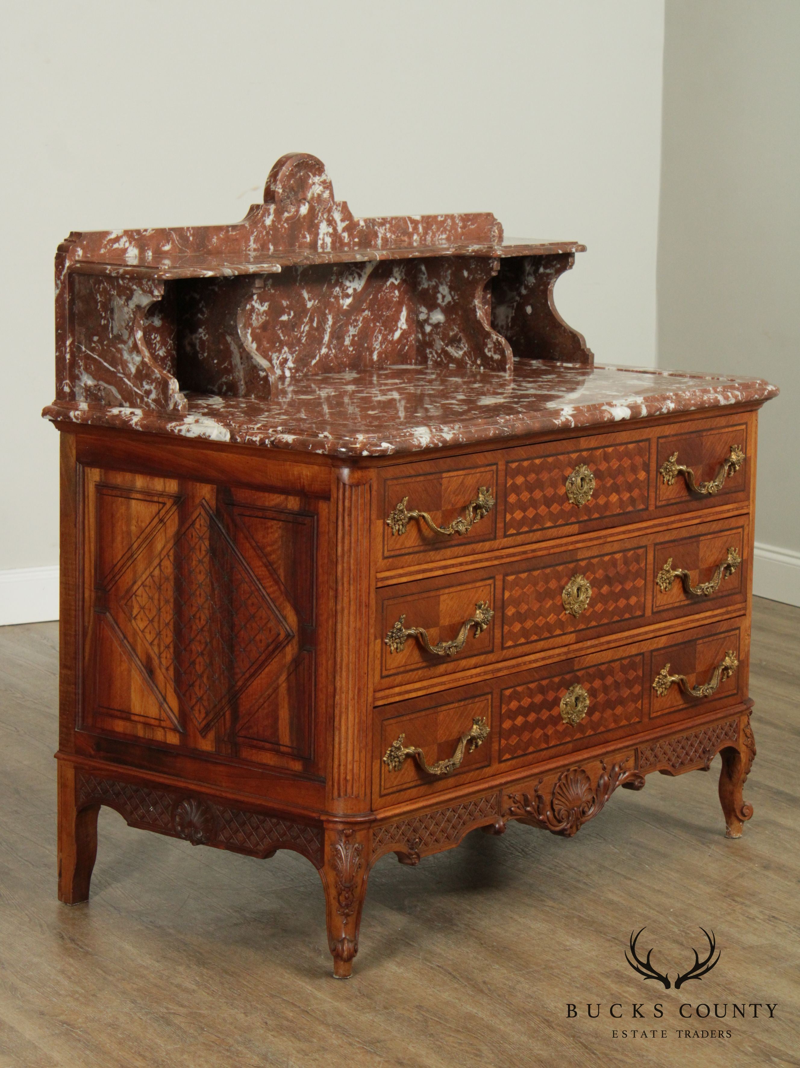 Fine Antique French Louis XV Walnut Marble Top Parquetry Inlaid Commode Wash Stand