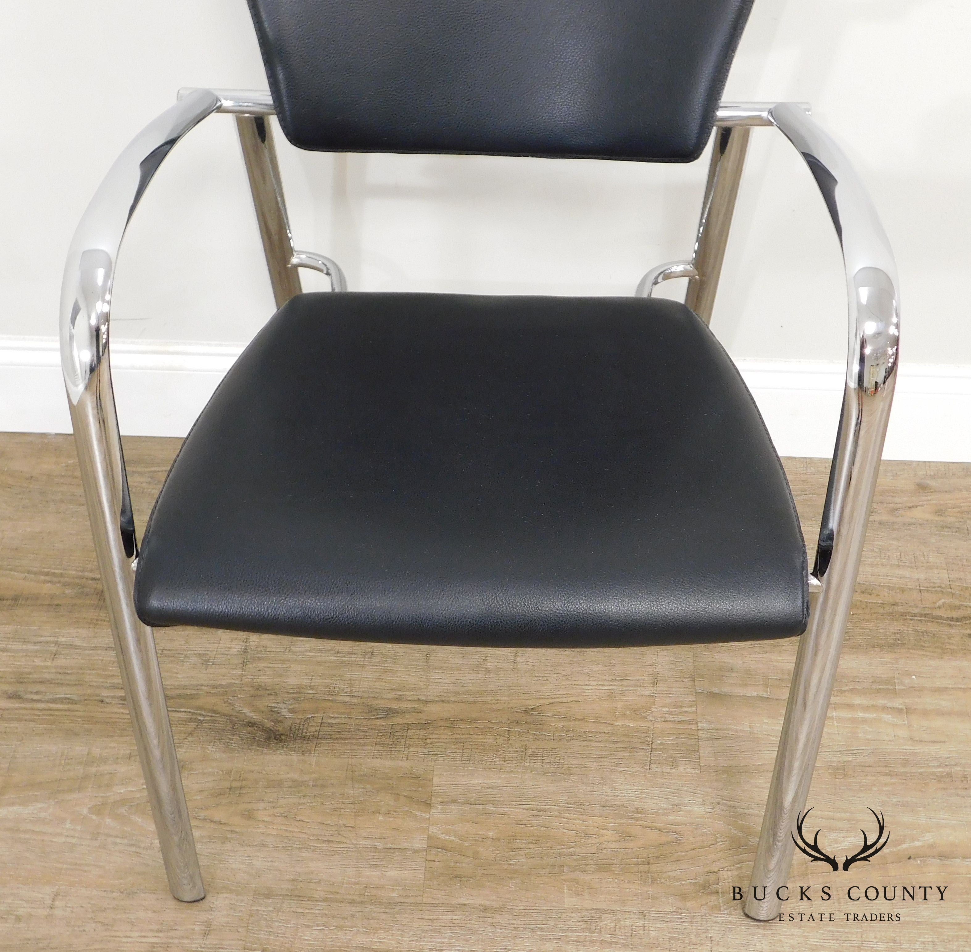 Brayton International Collection Steelcase Pair Chrome & Black Leatherette Armchairs