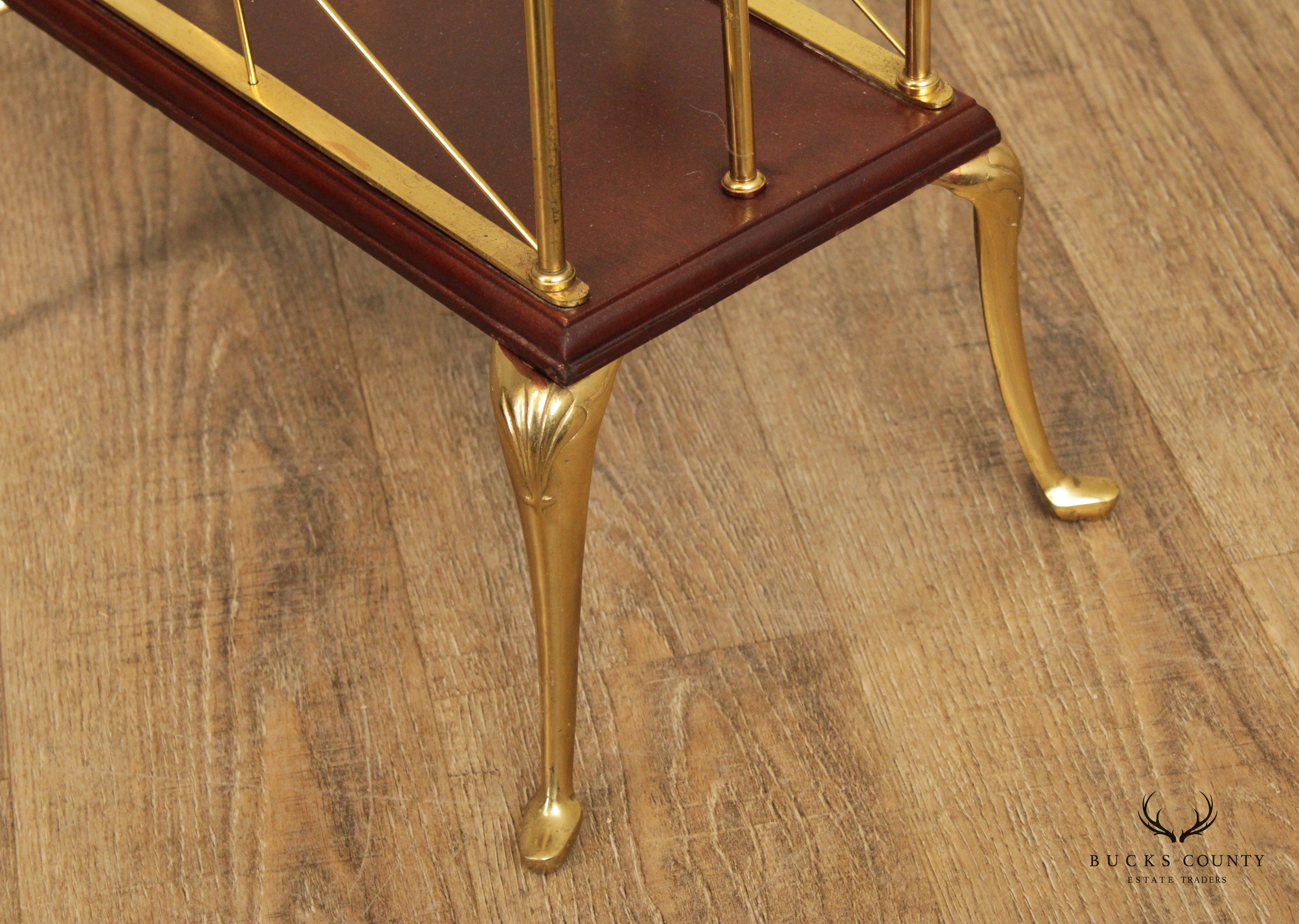 Decorative Crafts Inc. Regency Style Pair of Brass and Cherry Magazine Racks