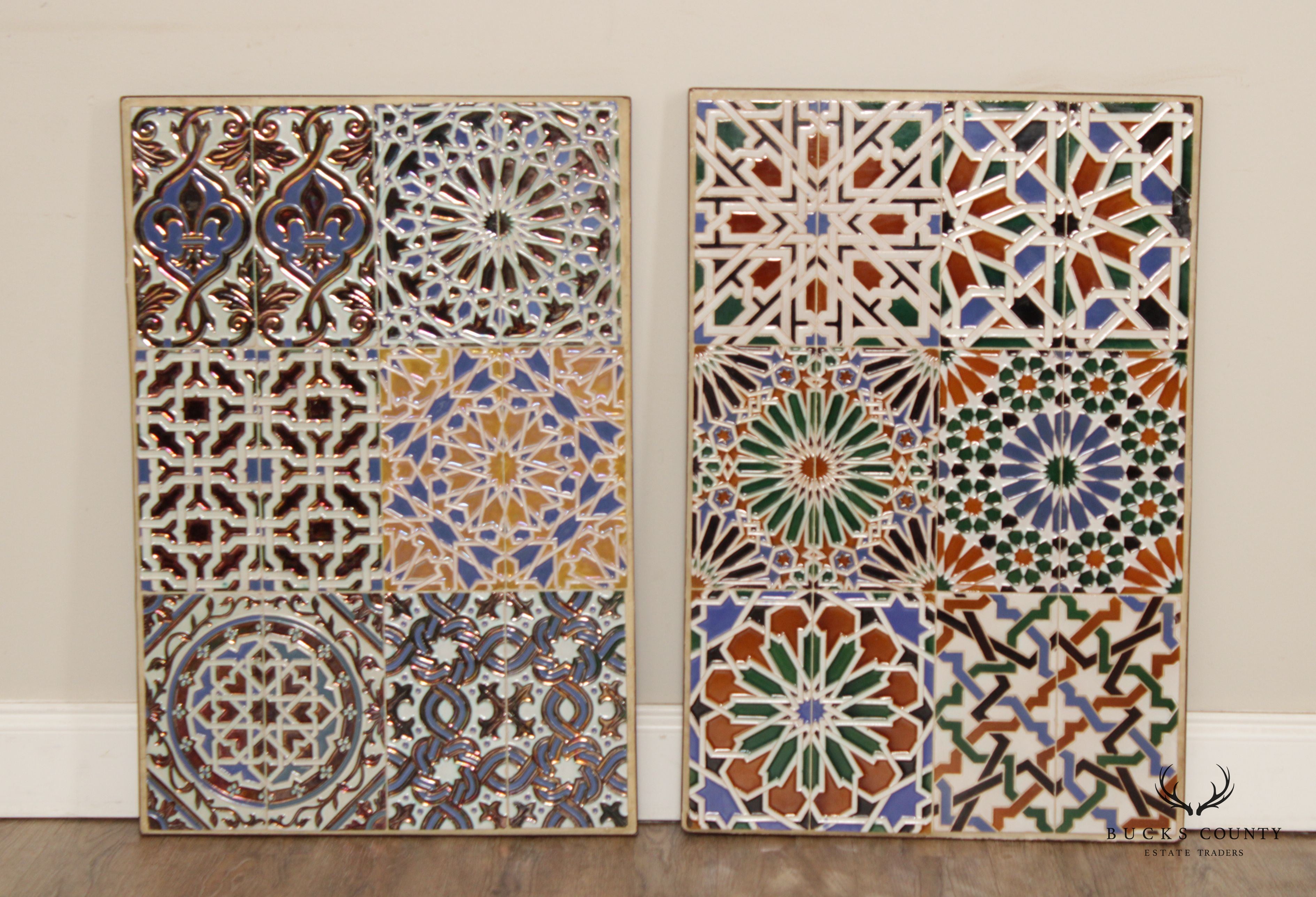 Vintage Mosaic Ceramic Tile & Metal Pair of Table Tops or Plaques