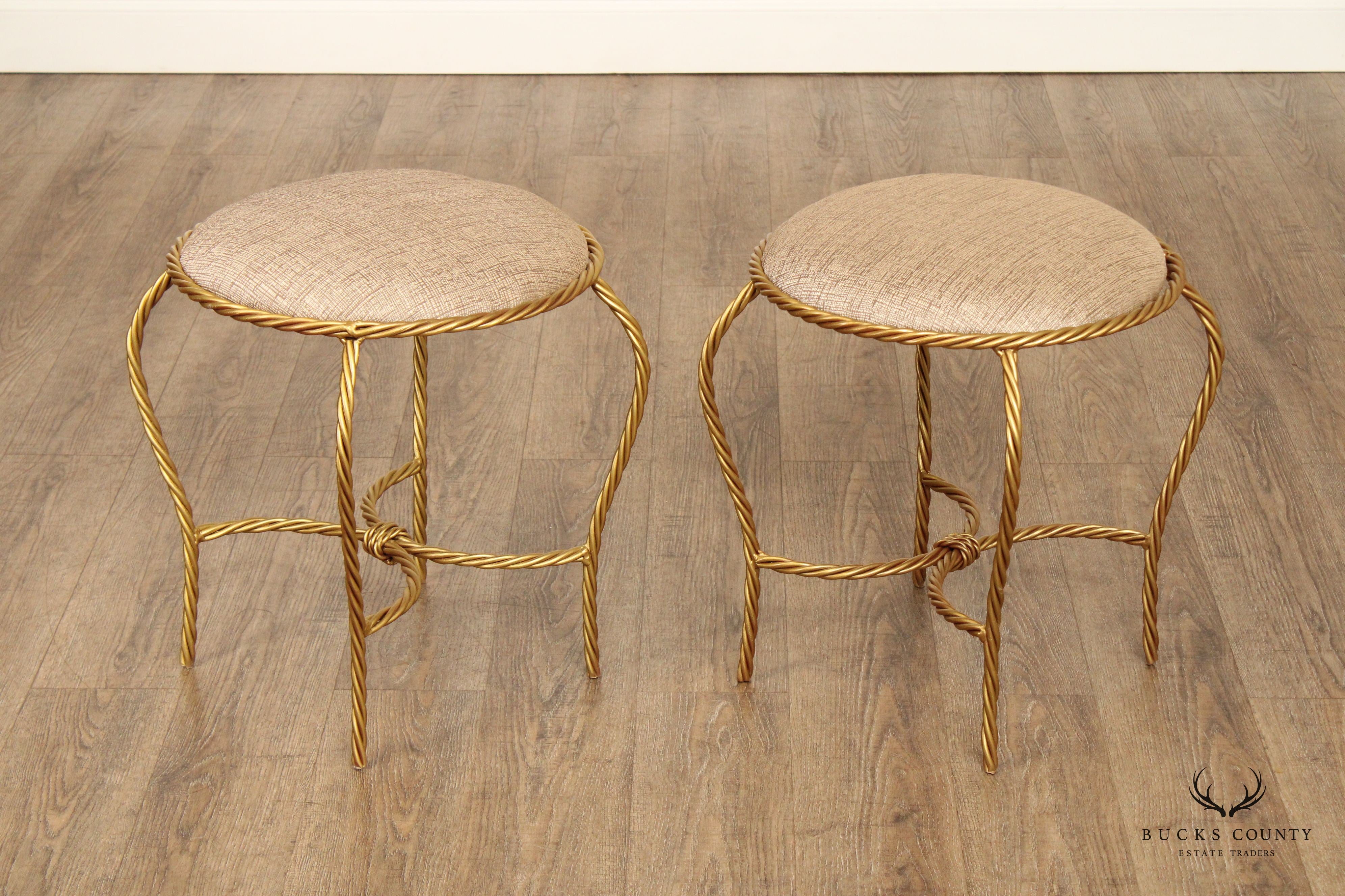 Hollywood Regency Pair of Gilt Metal Rope Twist Stools