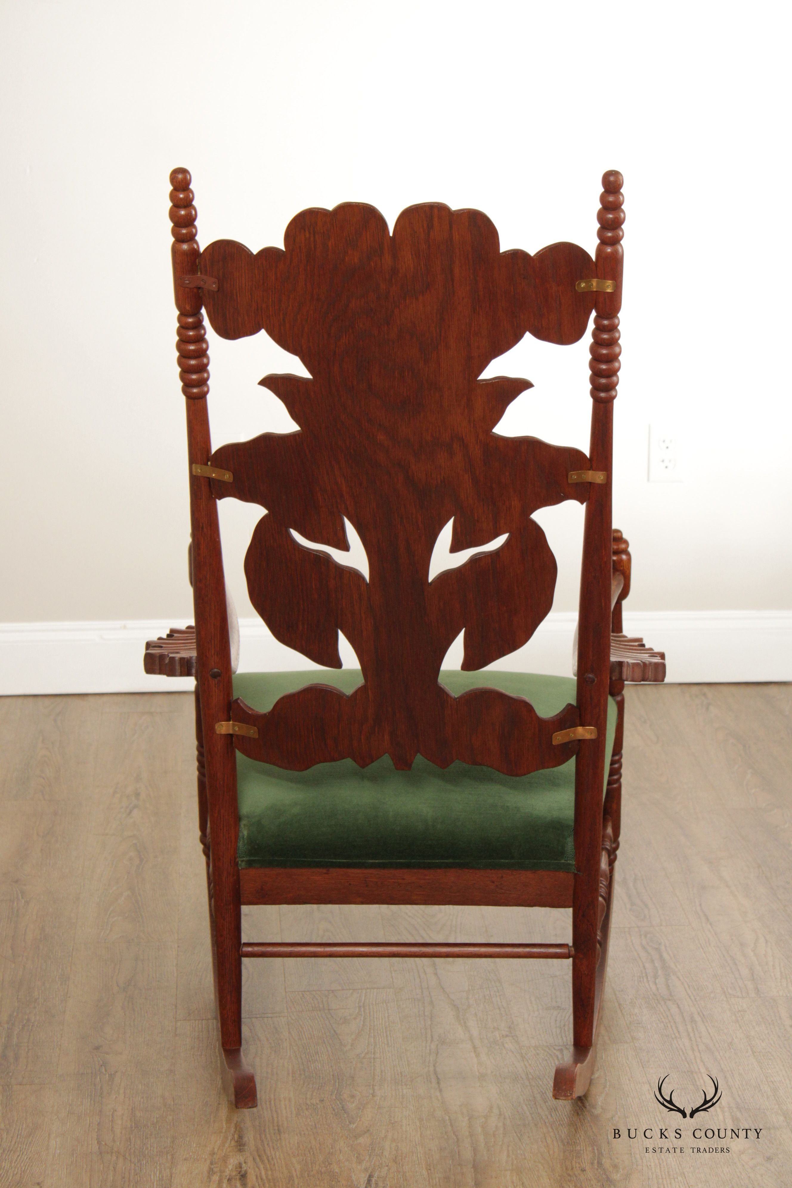 Art Nouveau Antique Peace Lily Carved Oak Rocking Chair
