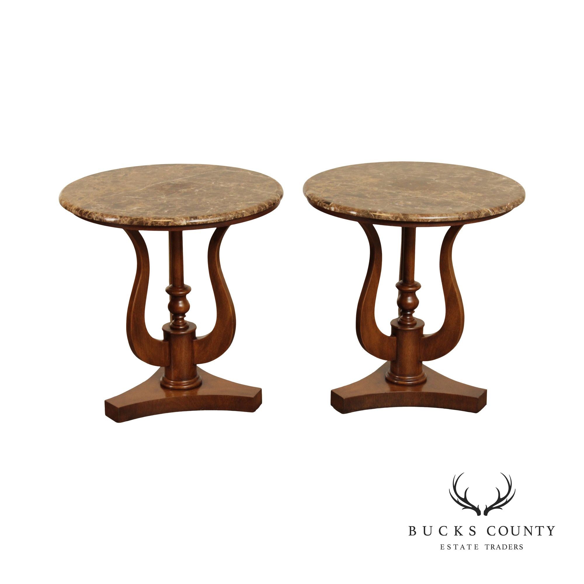Drexel Heritage Empire Style Pair Round Marble Top Side Tables