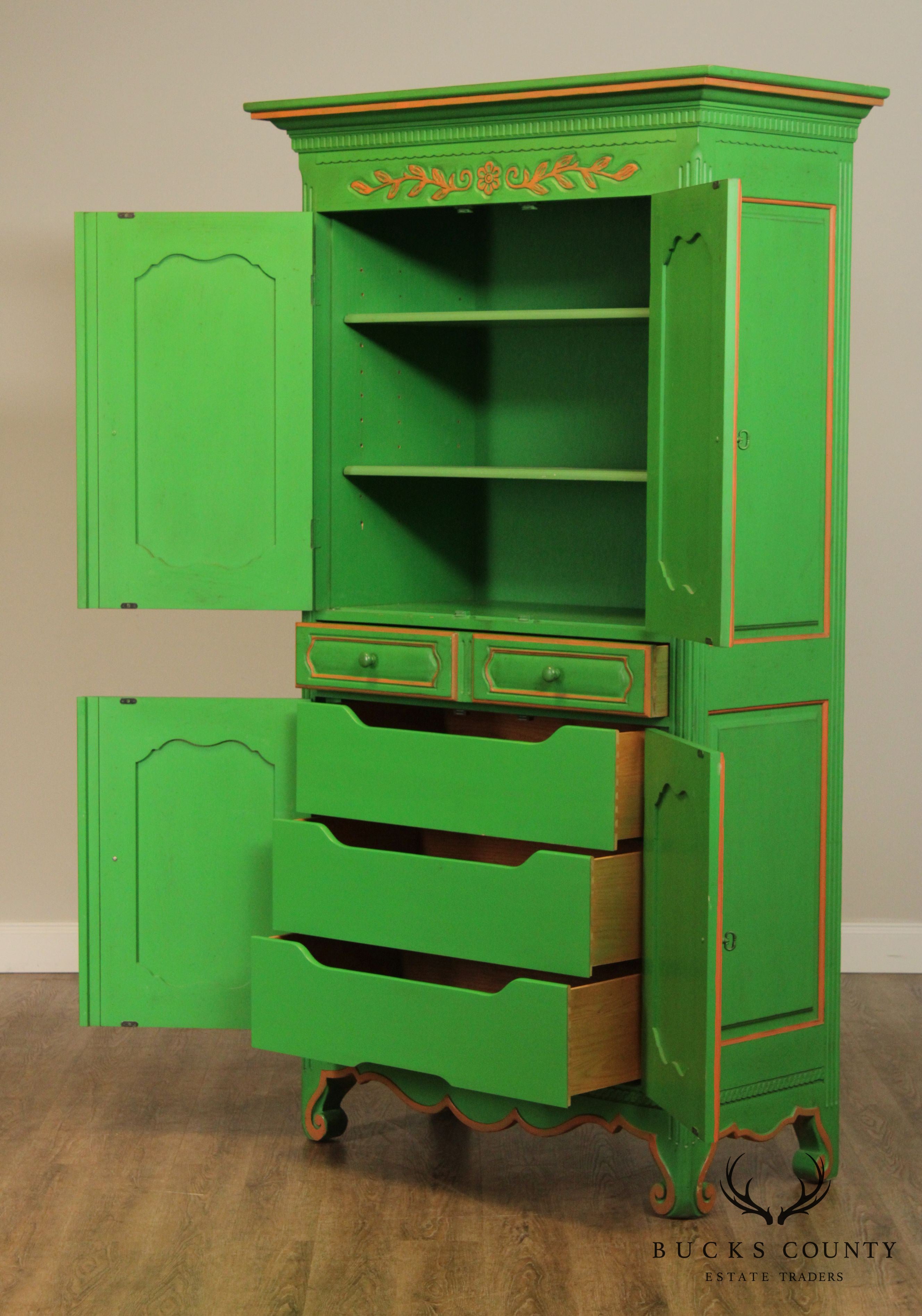 French Louis XV Style Custom Green Painted Pair Large Armoires