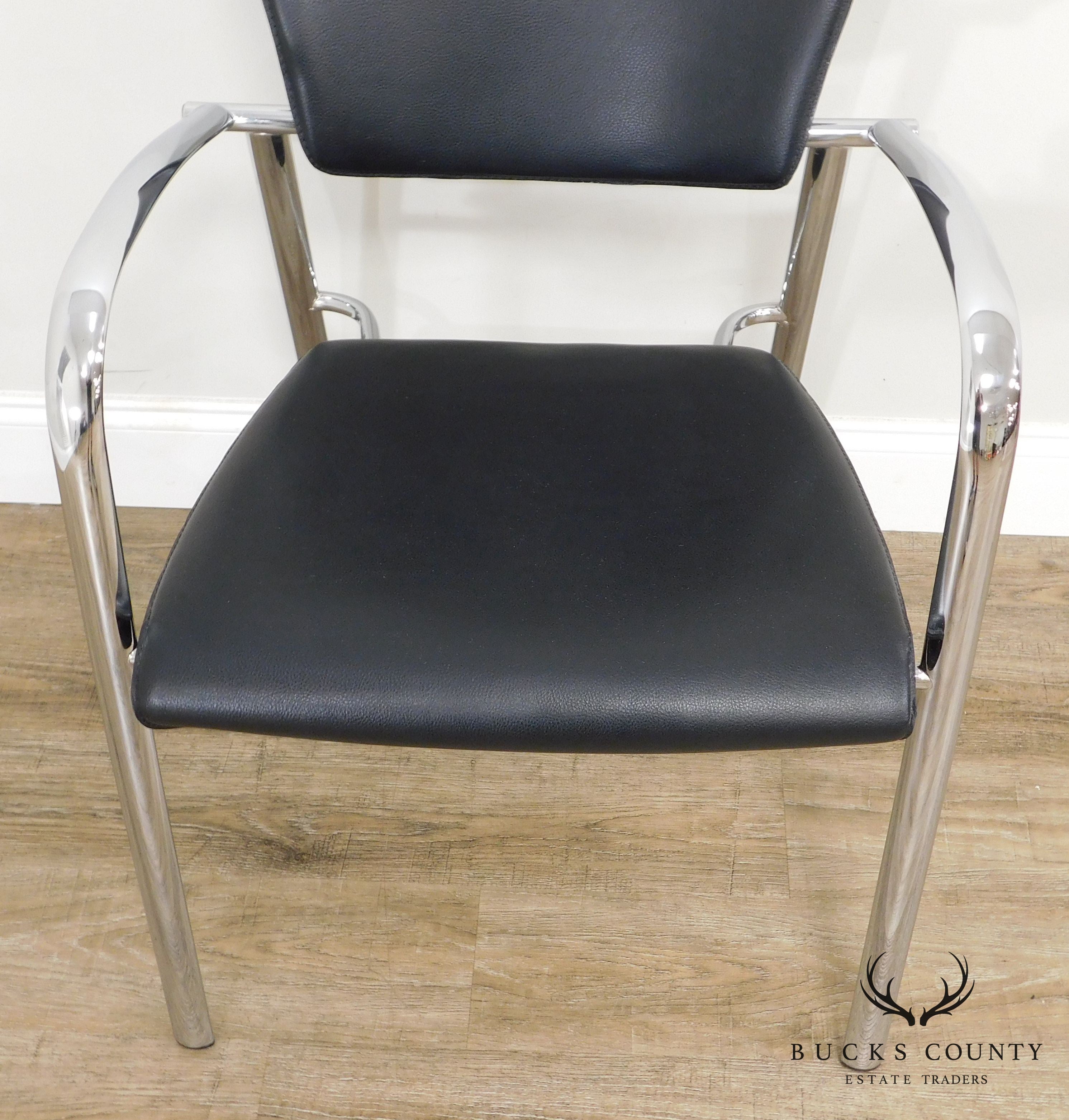 Brayton International Collection Steelcase Pair Chrome & Black Leatherette Armchairs