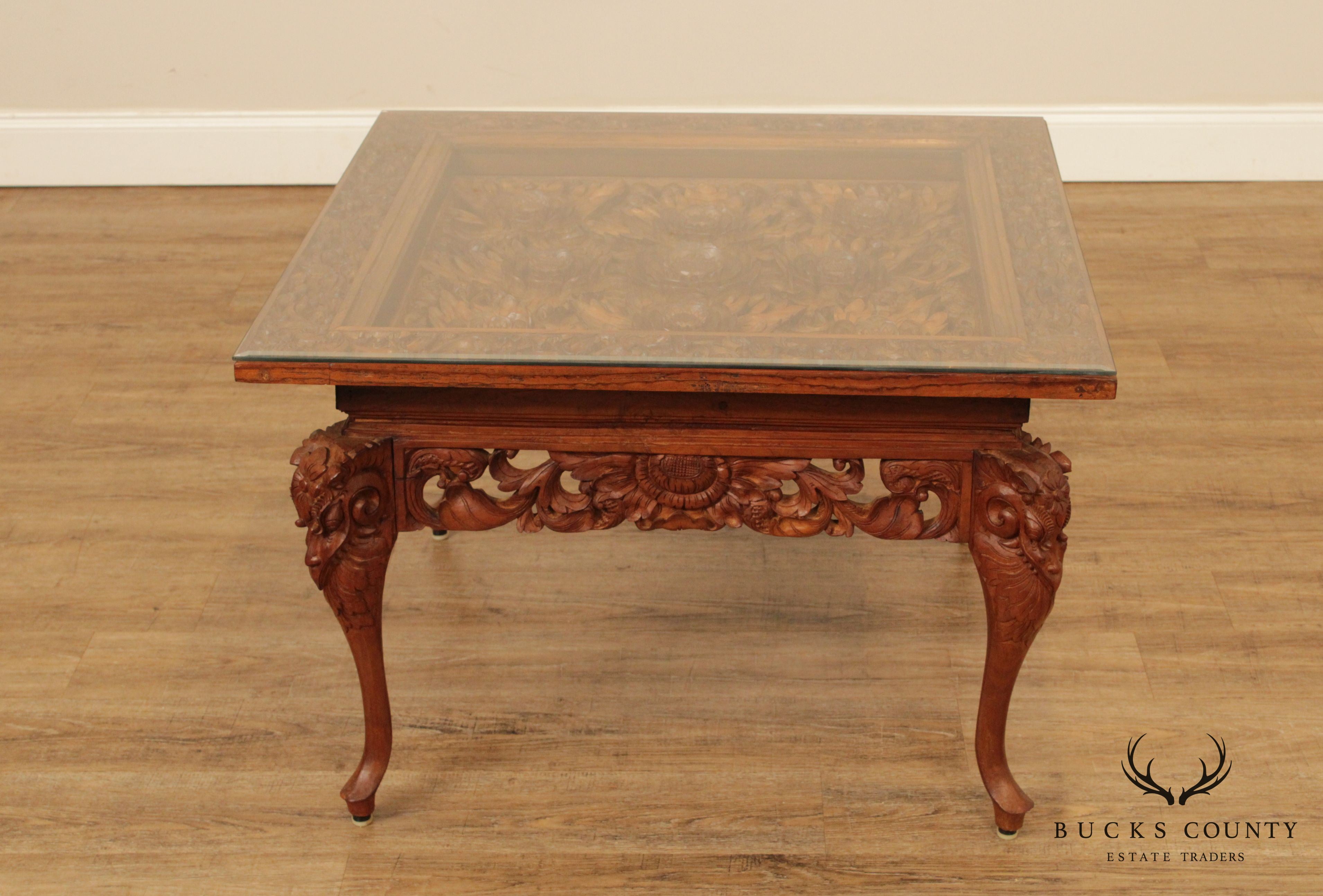 Vintage High Quality Chinese Lotus Flower Ornately Coffee Table