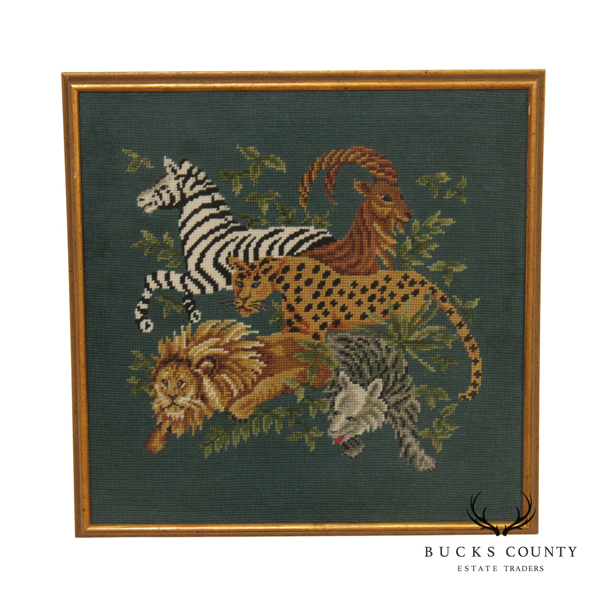 Vintage Framed Safari Style Needlepoint