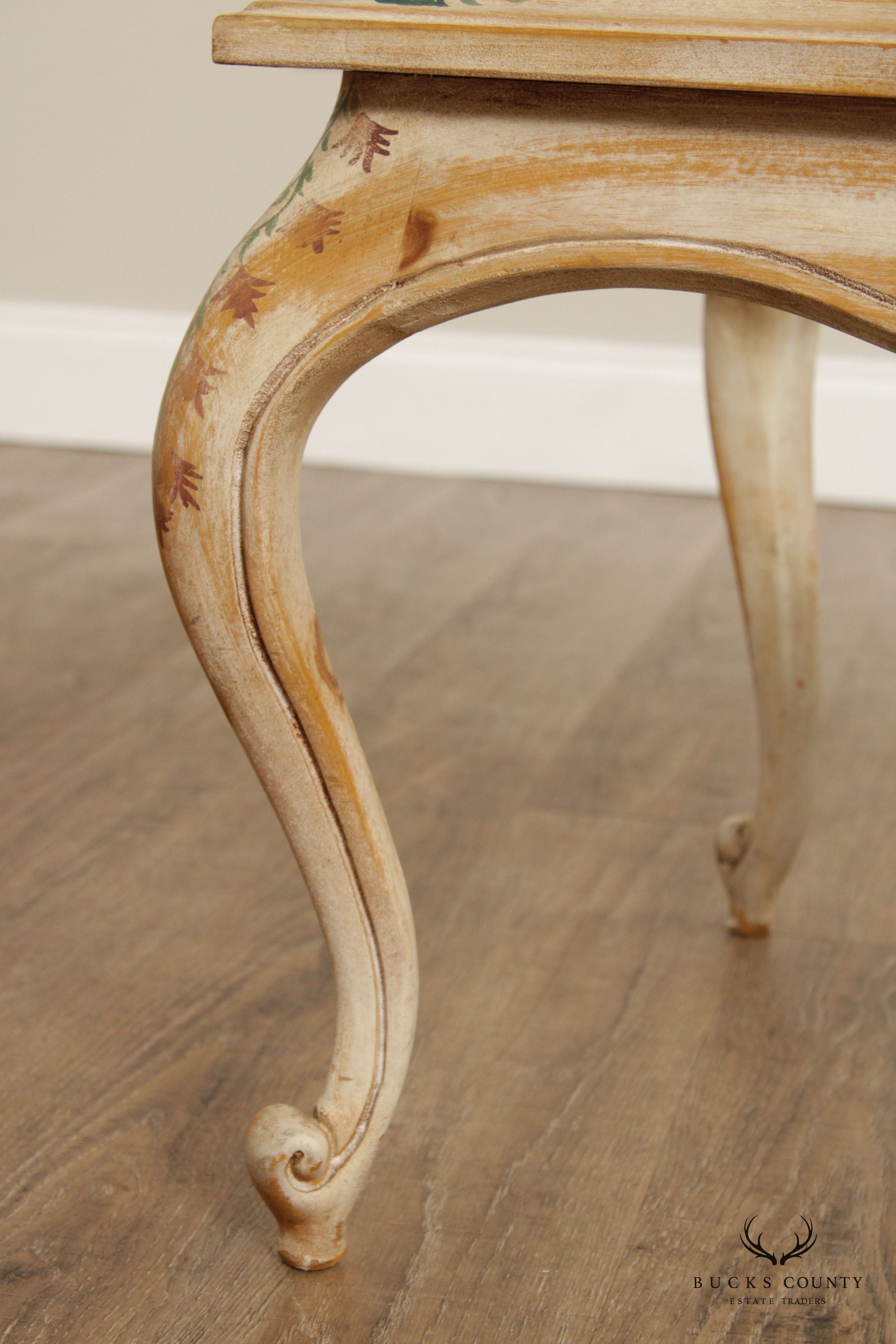 French Style Pair Paint Decorated Glass Top End Tables