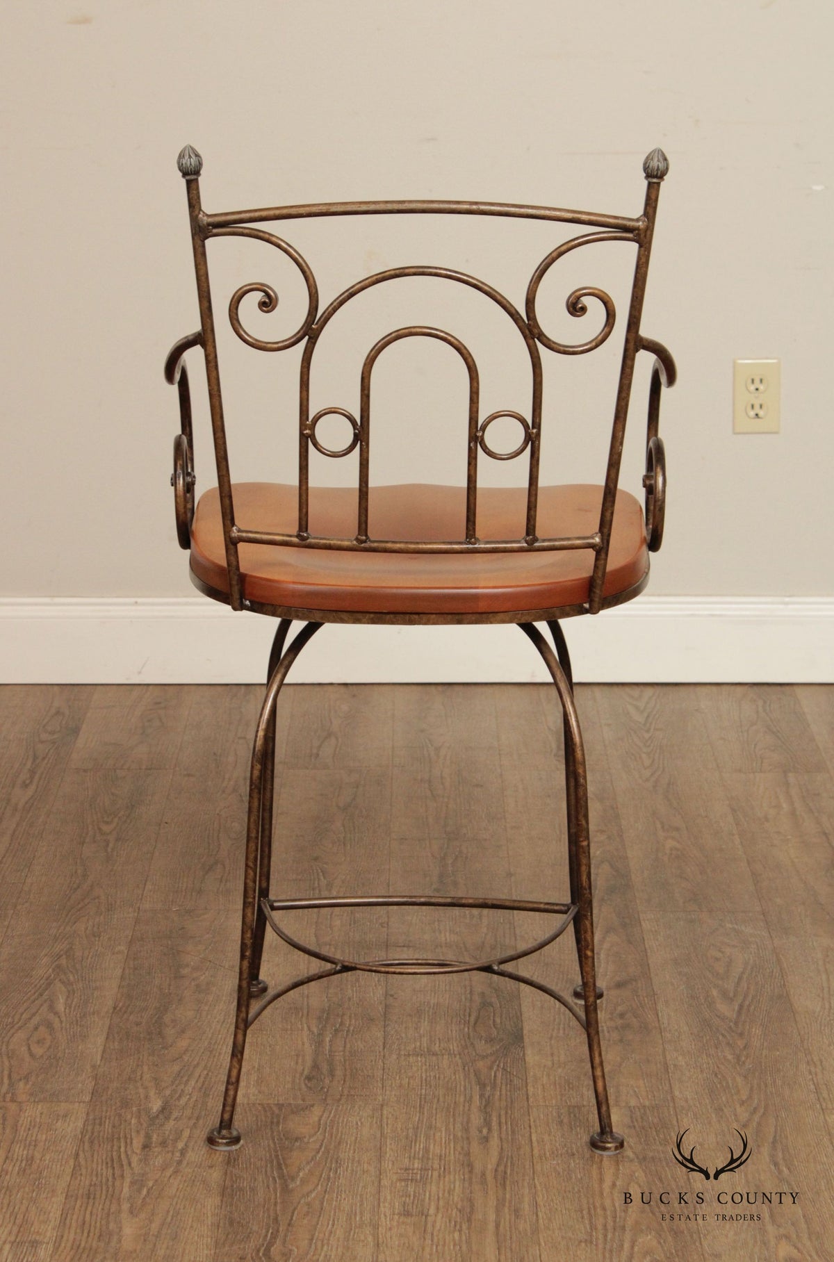 Tuscan Style Set Of 3 Wrought Iron and Wood Swivel Counter Stools