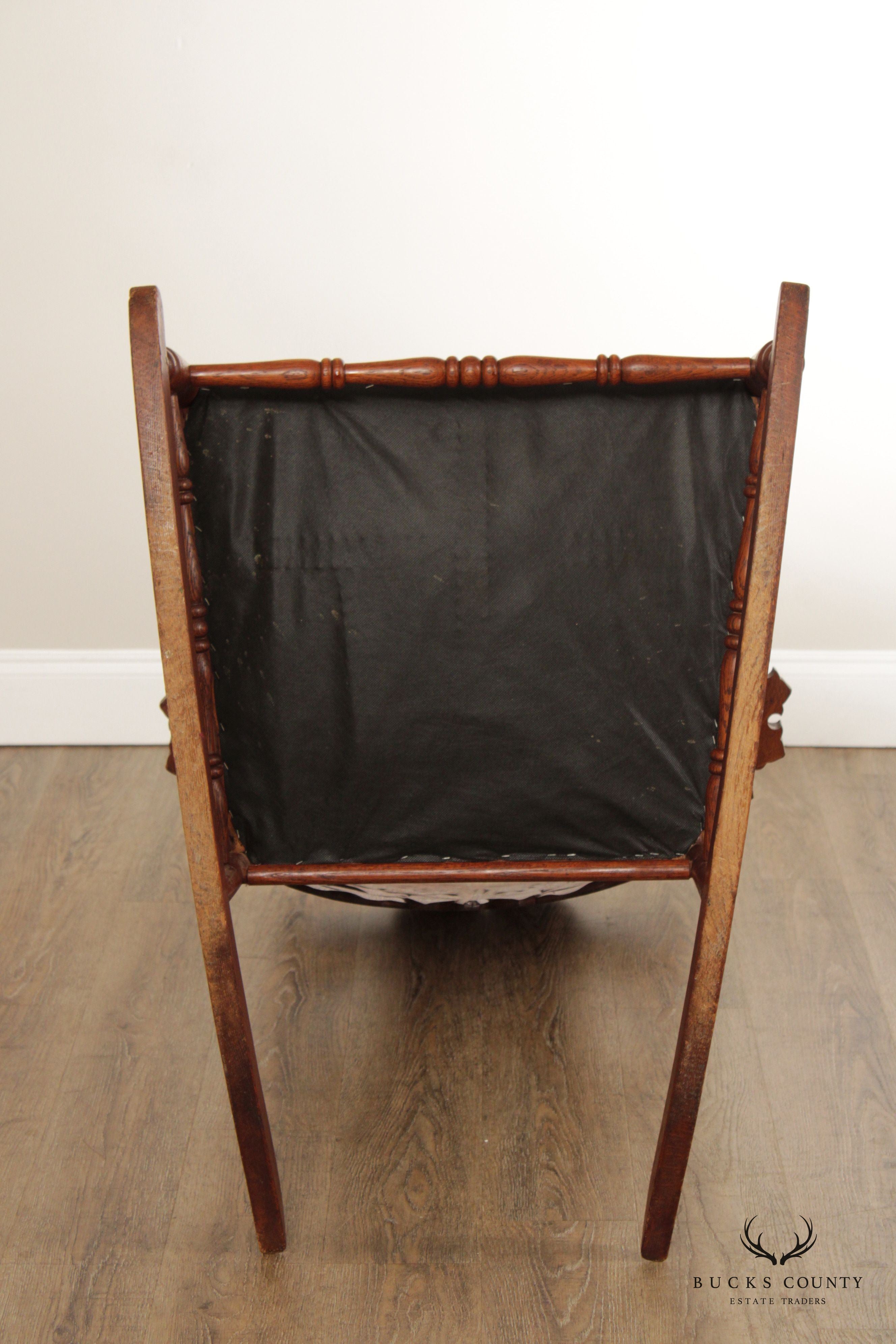 Art Nouveau Antique Peace Lily Carved Oak Rocking Chair