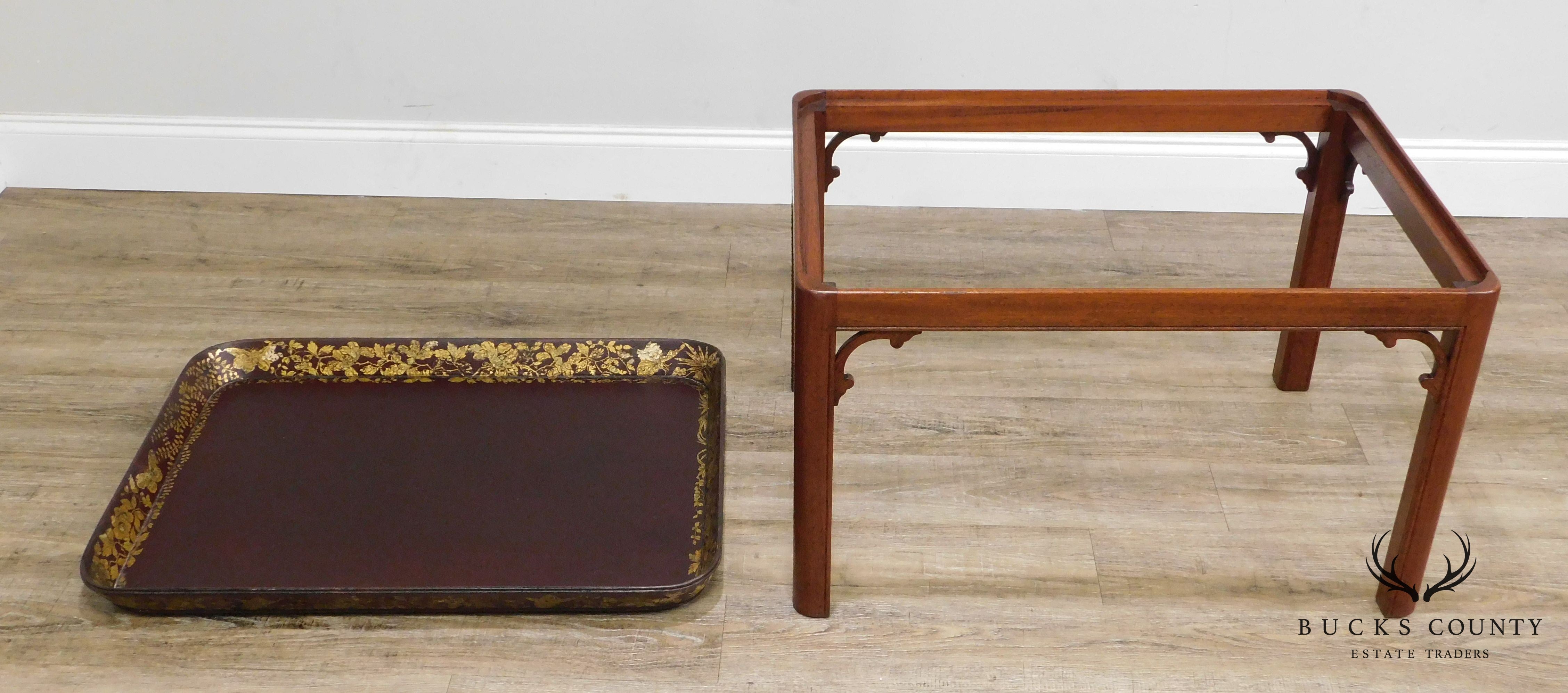 Henry Clay Antique Paper Mache Tray on Mahogany Stand 2 Georgian Butler Table