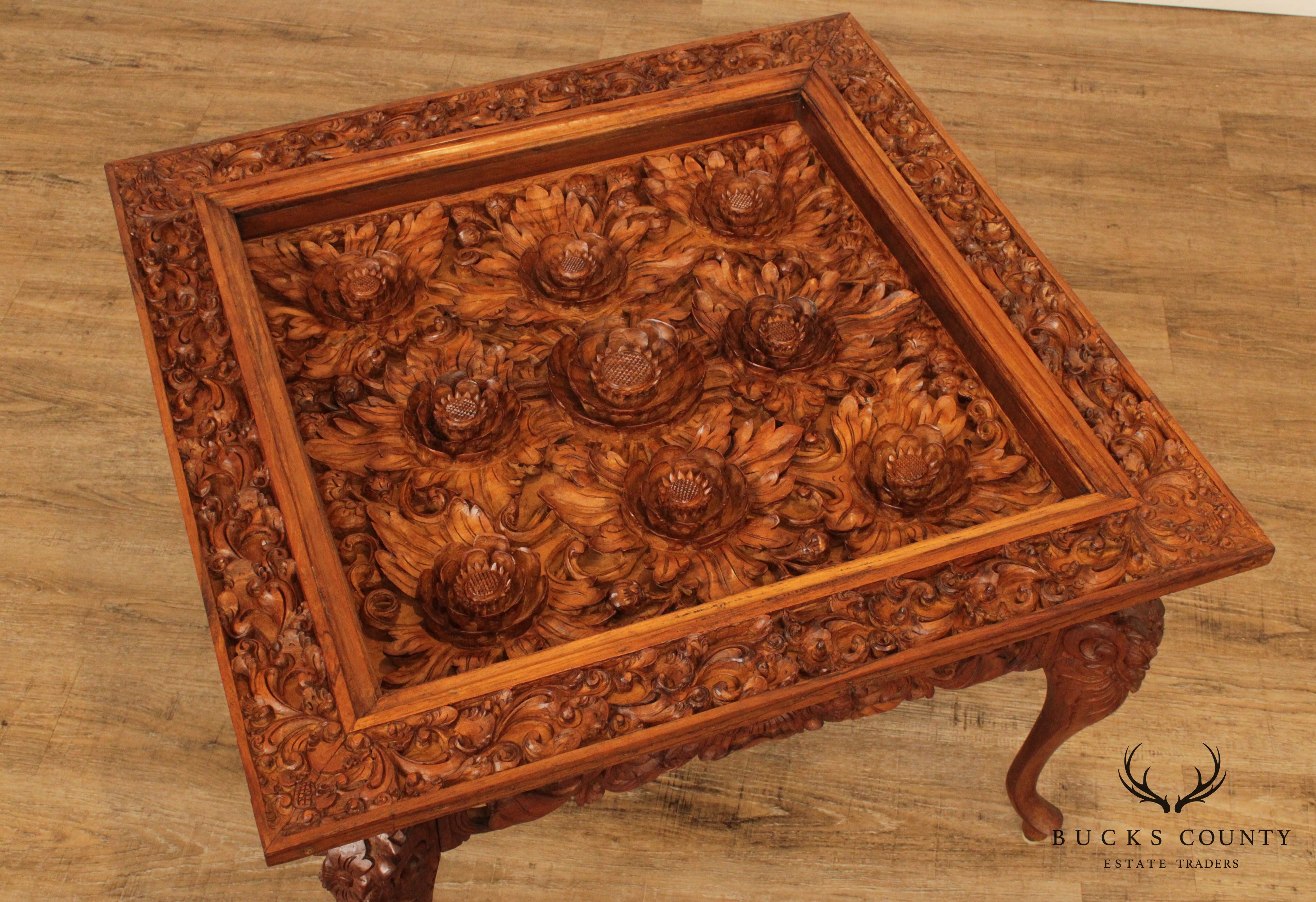 Vintage High Quality Chinese Lotus Flower Ornately Coffee Table
