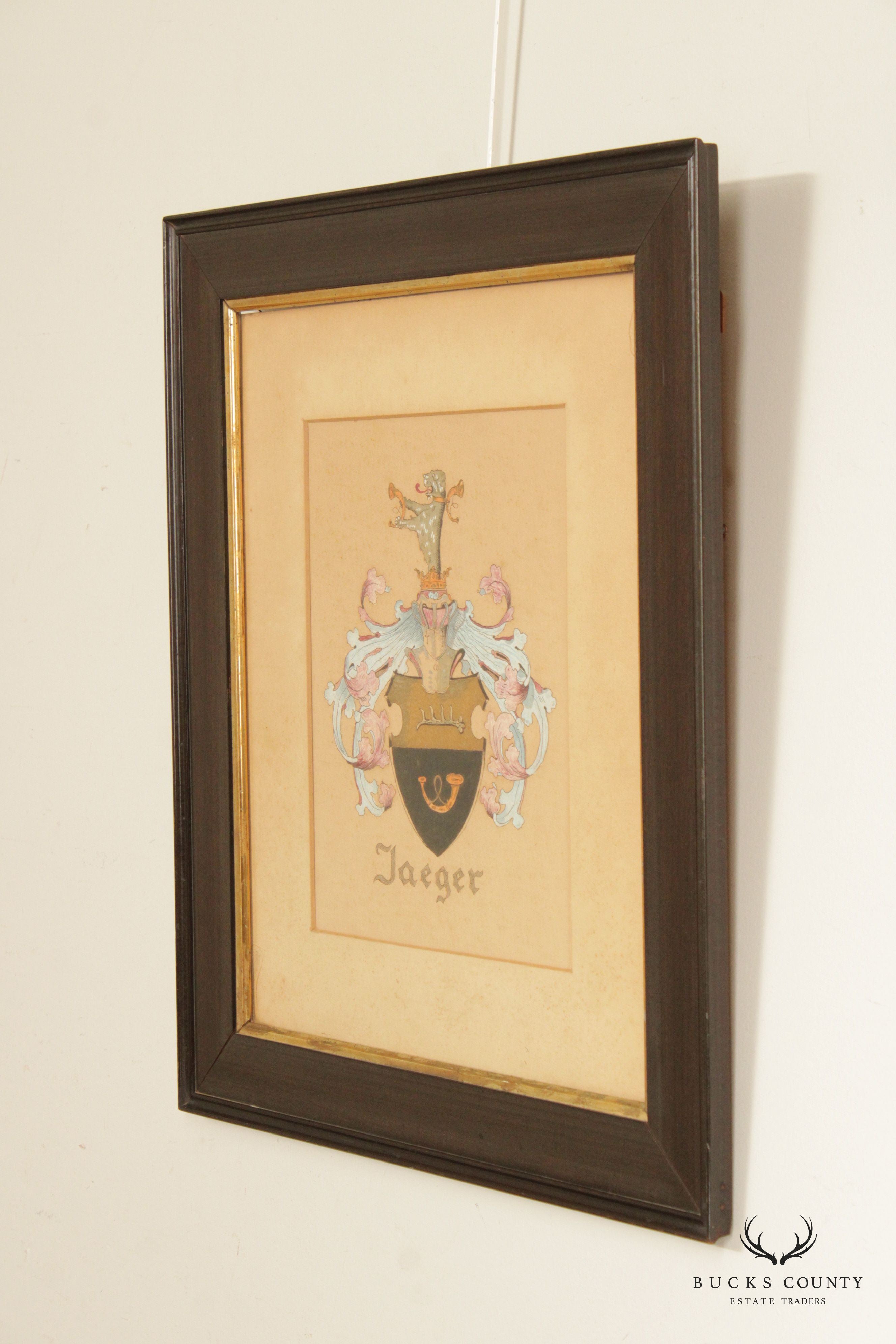 Vintage German 'Jaeger' Coat of Arms Crest, Custom Framed