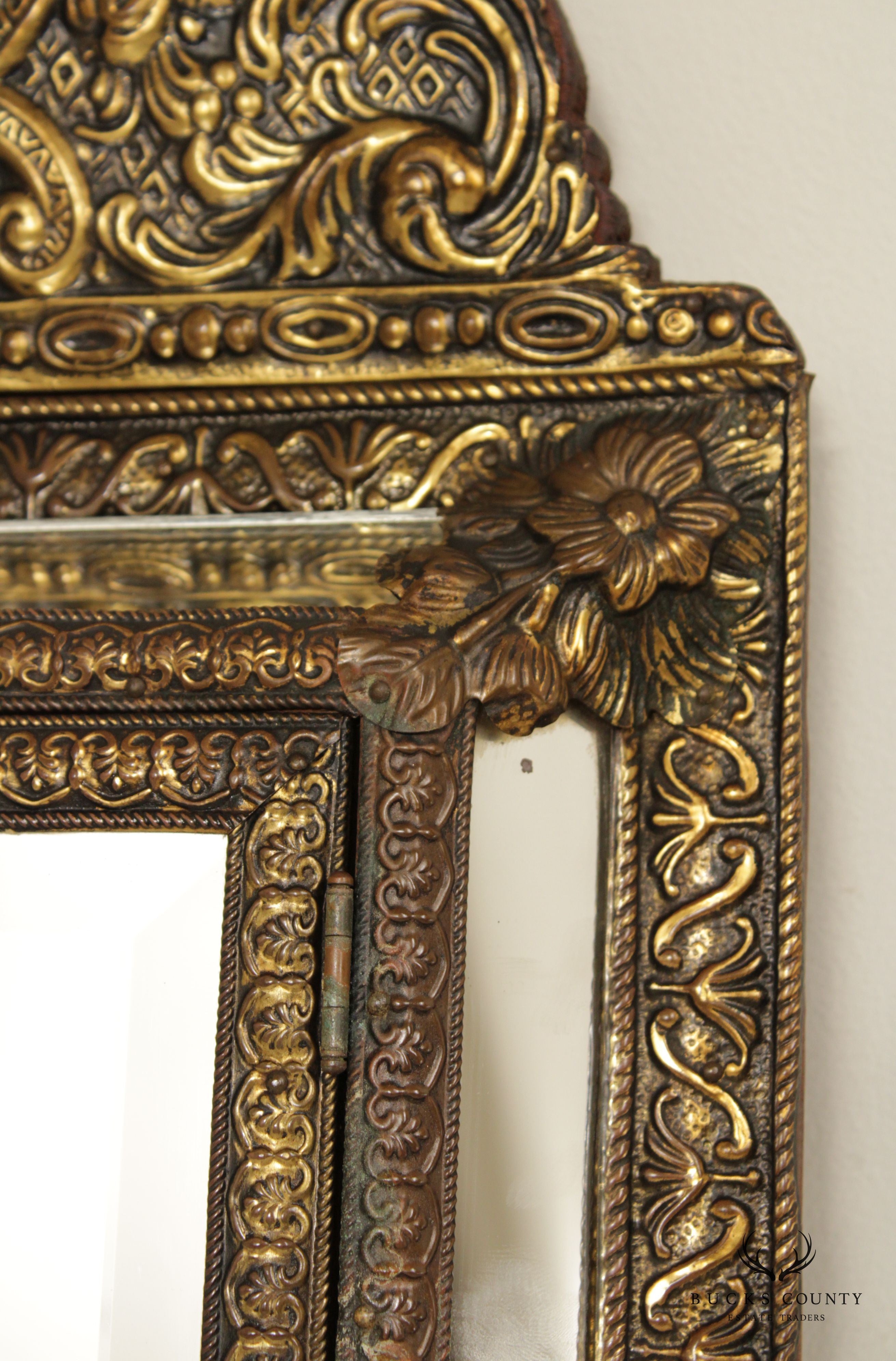 Antique French Repousse Brass Wall Mirror Cabinet
