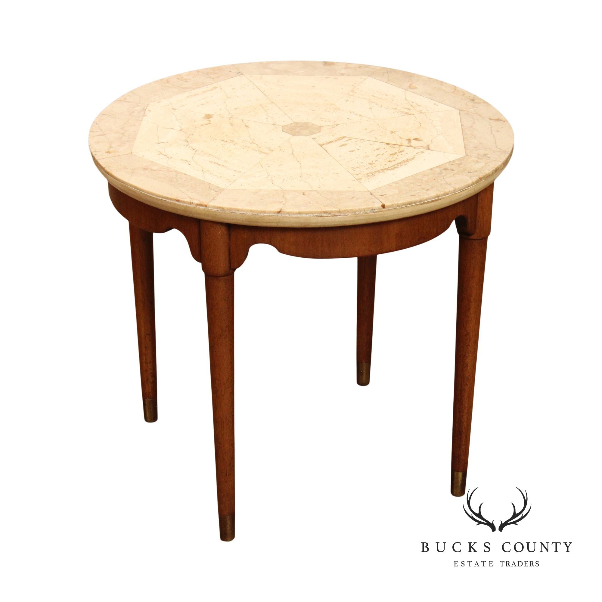 Italian Mid Century Round Travertine Top Walnut Side Table