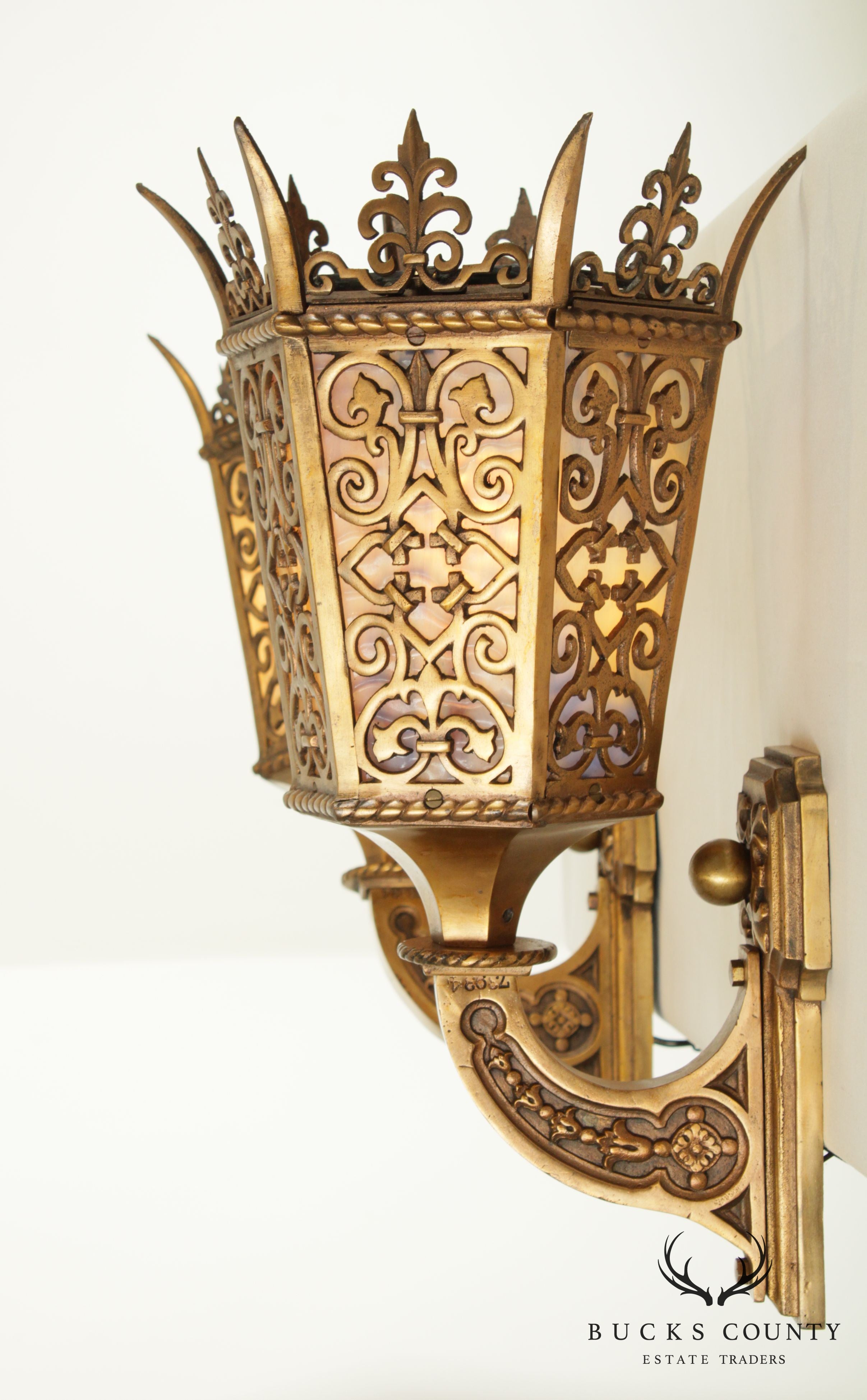 Gothic Revival Antique Pair Bronze Wall Sconces