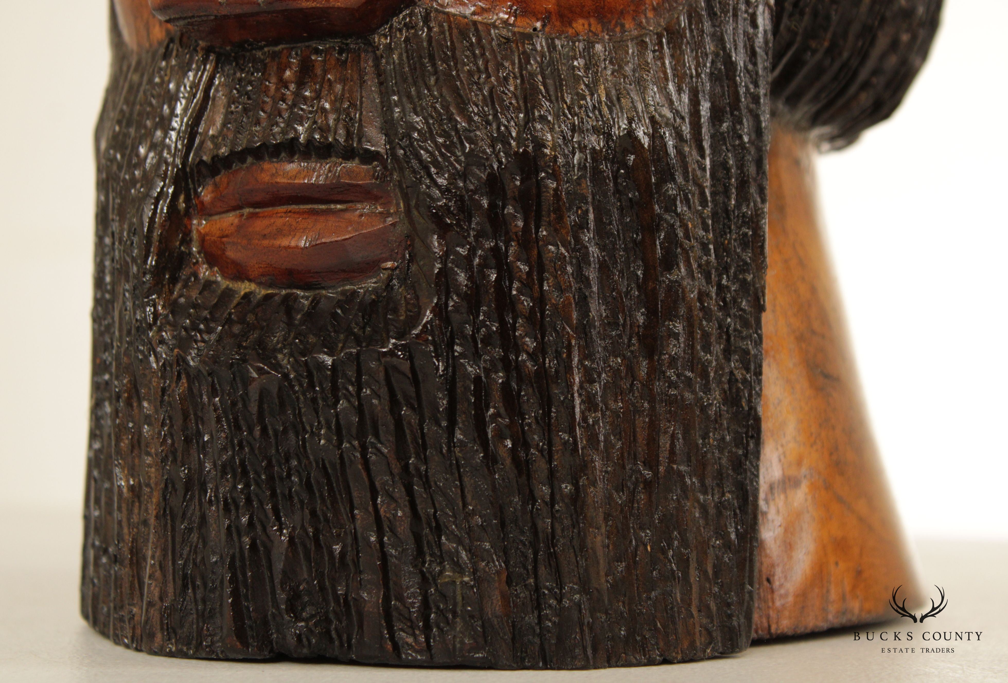 Folk Art Vintage Carved Wood Bust of Bearded Man