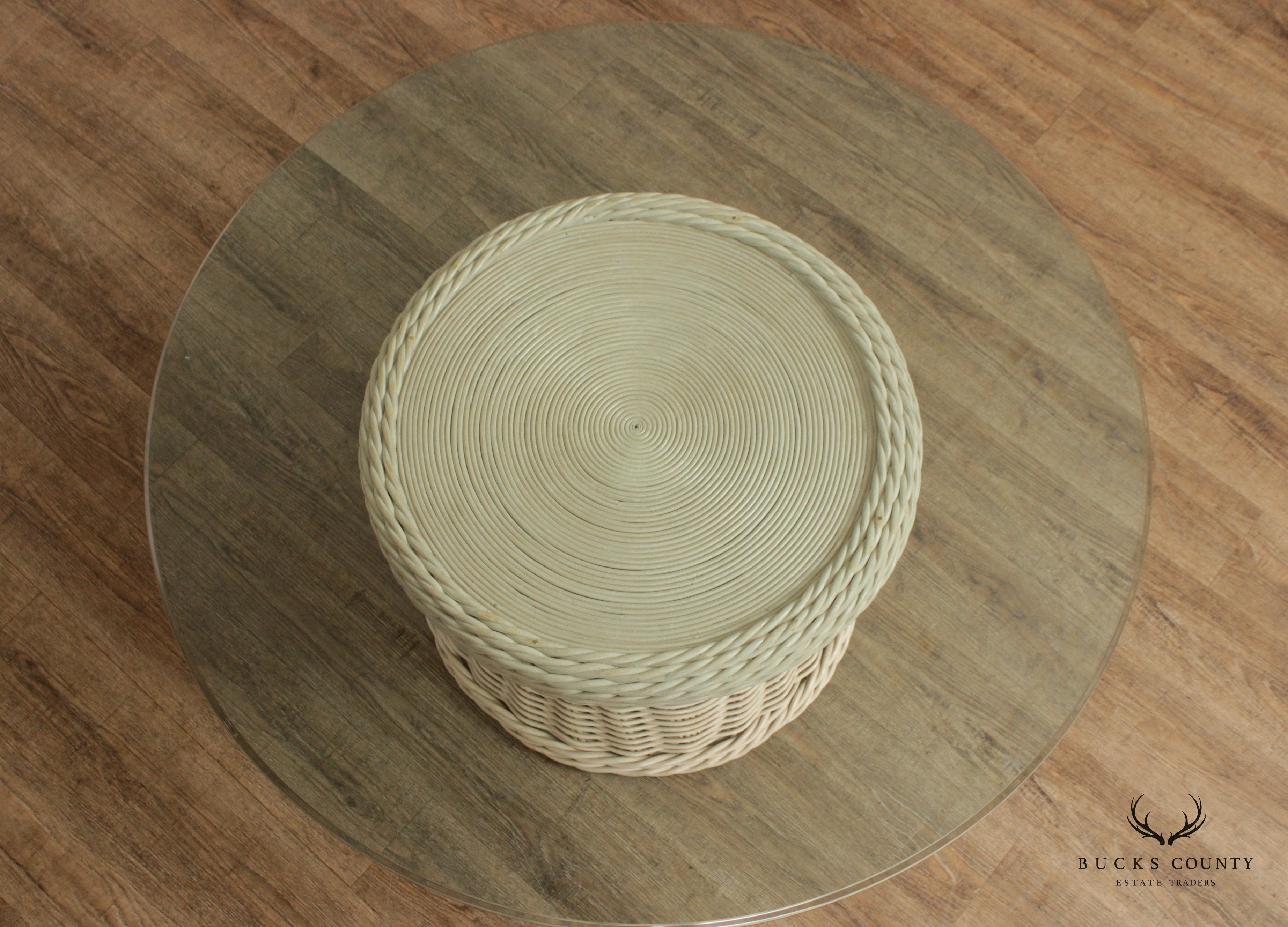 Vintage Round Wicker Rattan Glass Top Coffee Table