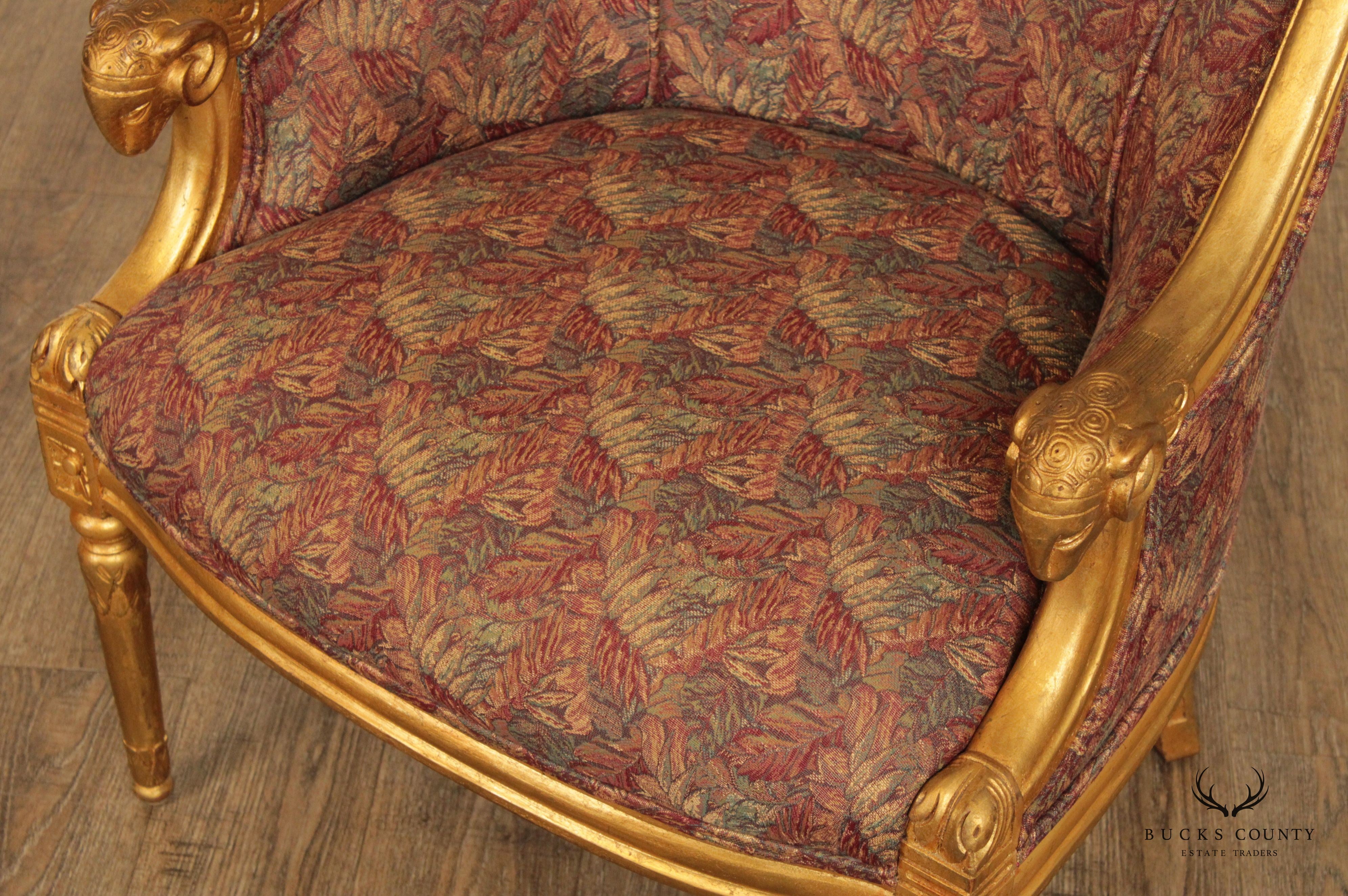 French Empire Style Gilt Rams Head Pair Barrel Club Chairs