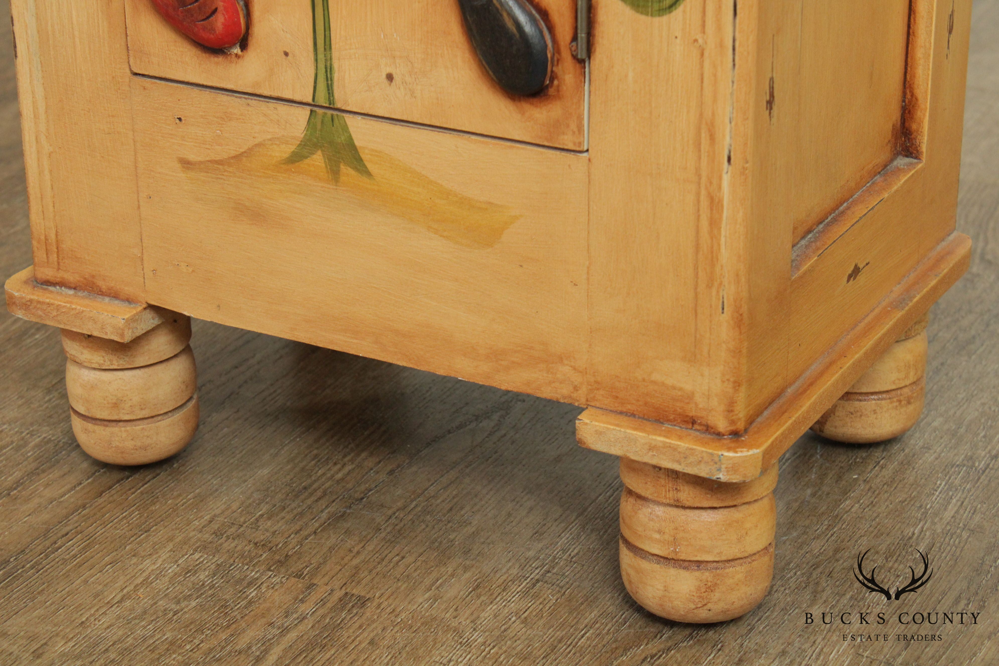 Country Folk Art Style Hand Painted Narrow Storage Cabinet