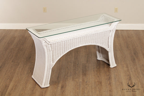 Henry Link Vintage White Wicker and Glass Top Console Table