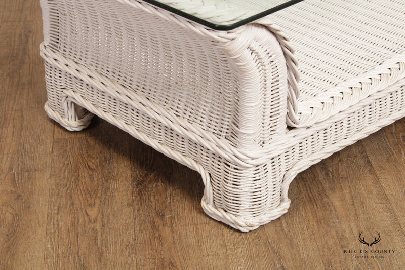 Henry Link Vintage White Wicker Glass Top Coffee Table