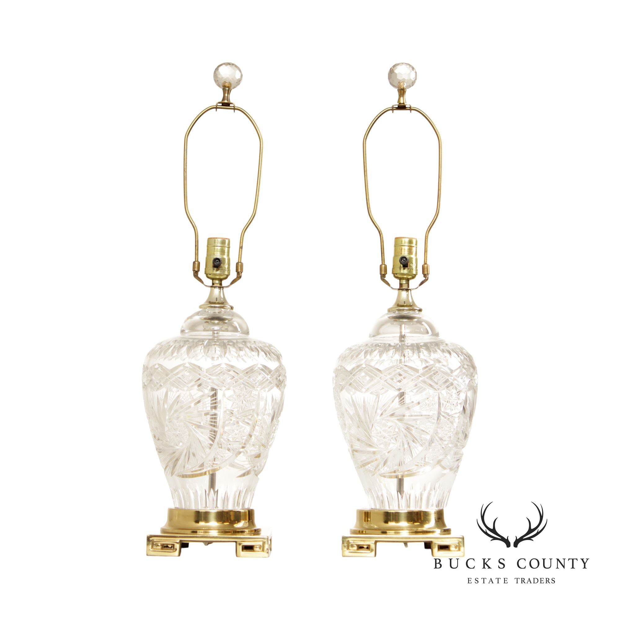 Vintage Pair of Brass and Cut Glass Vasiform Table Lamps