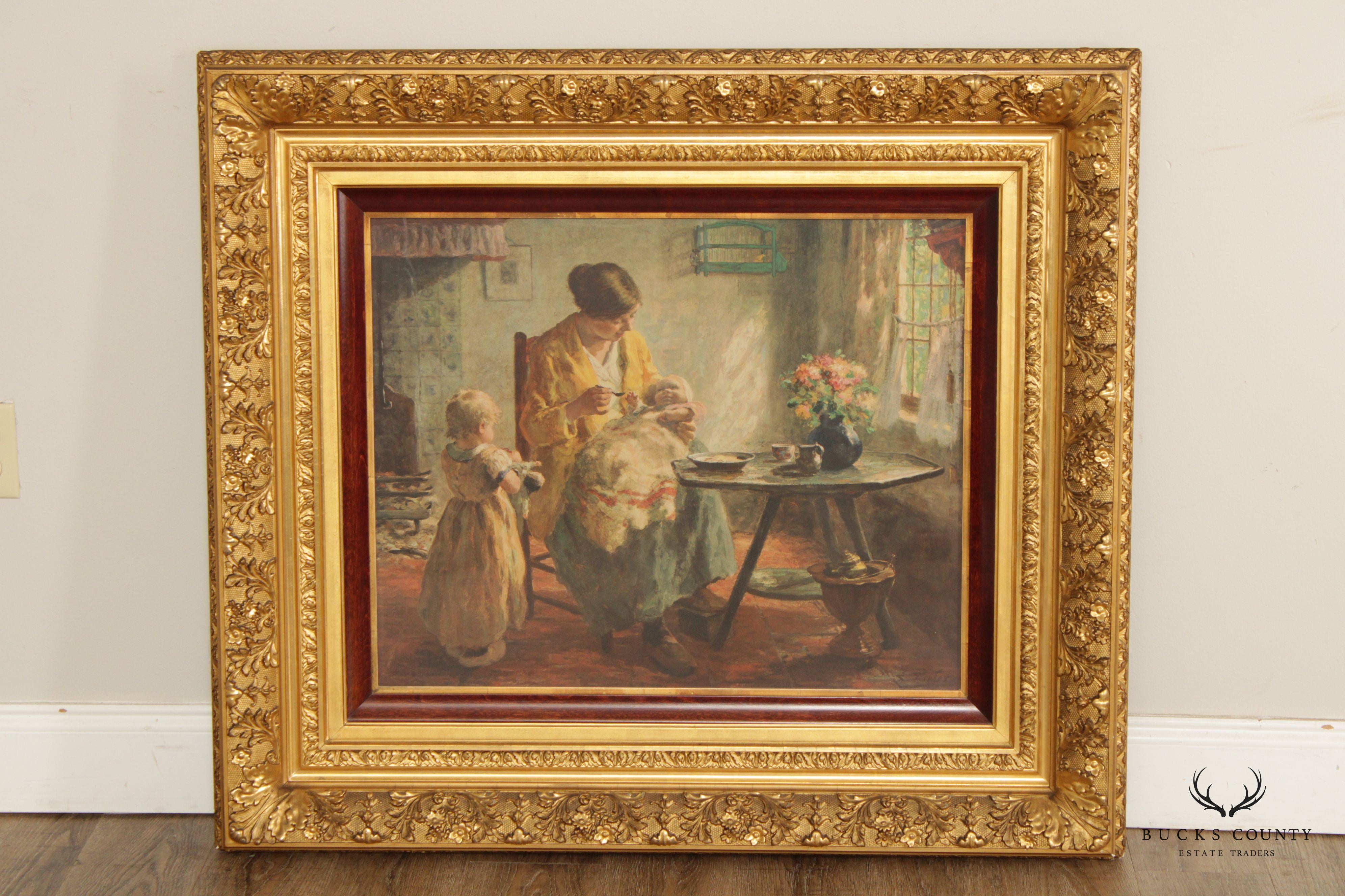 Vintage 'Mother and Children' Large Print After Evert Pieters, Custom Framed