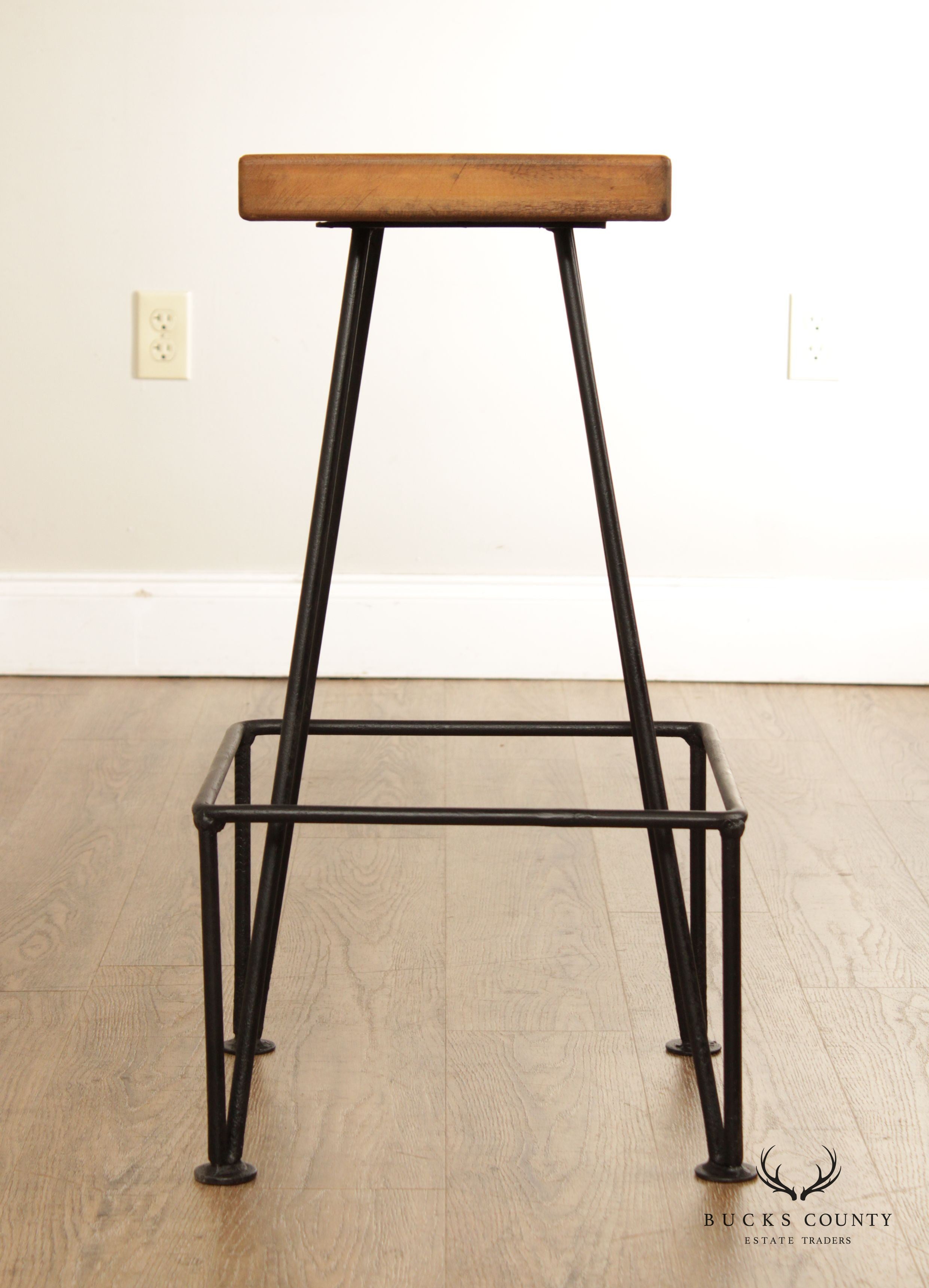Industrial Midcentury Modern Style Wrought Iron & Wood Drafting or Bar Stool