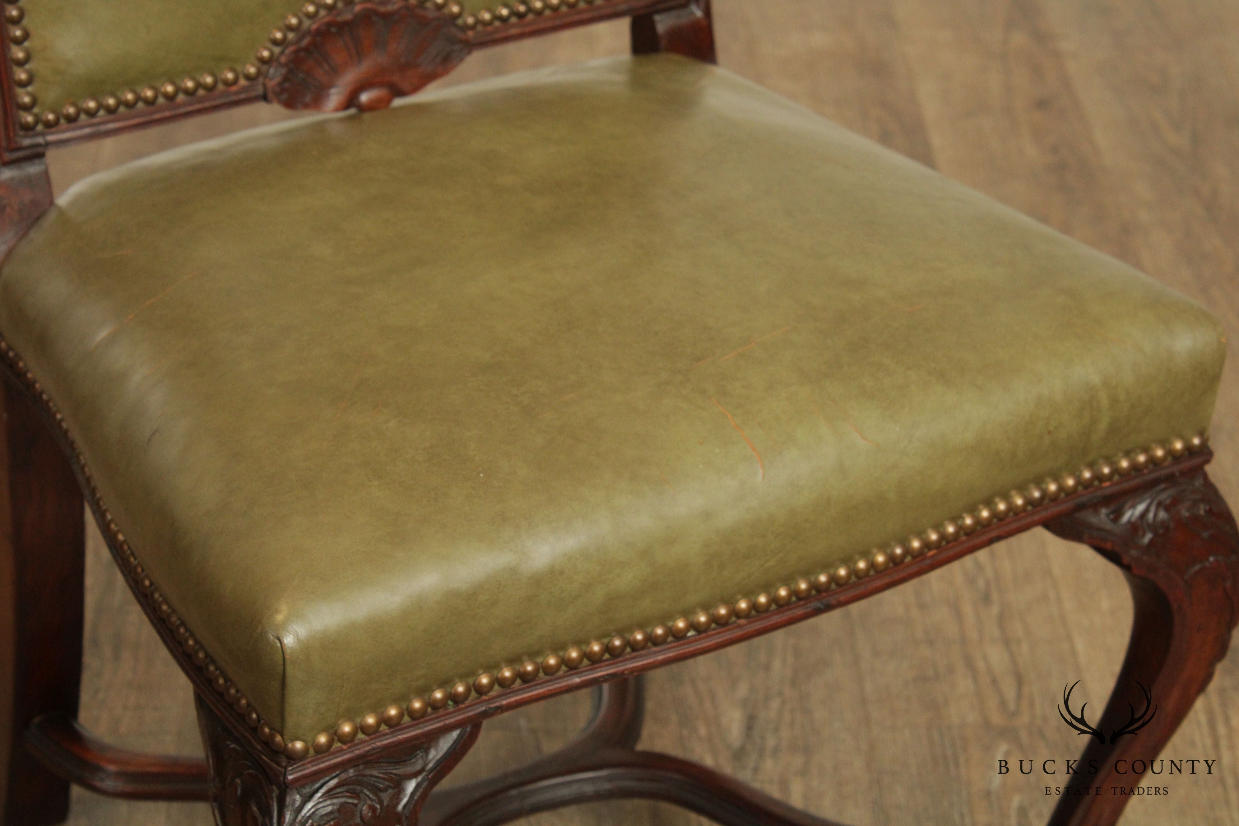 French Louis XV Style Vintage Set 5 Walnut & Green Leather Dining Chairs