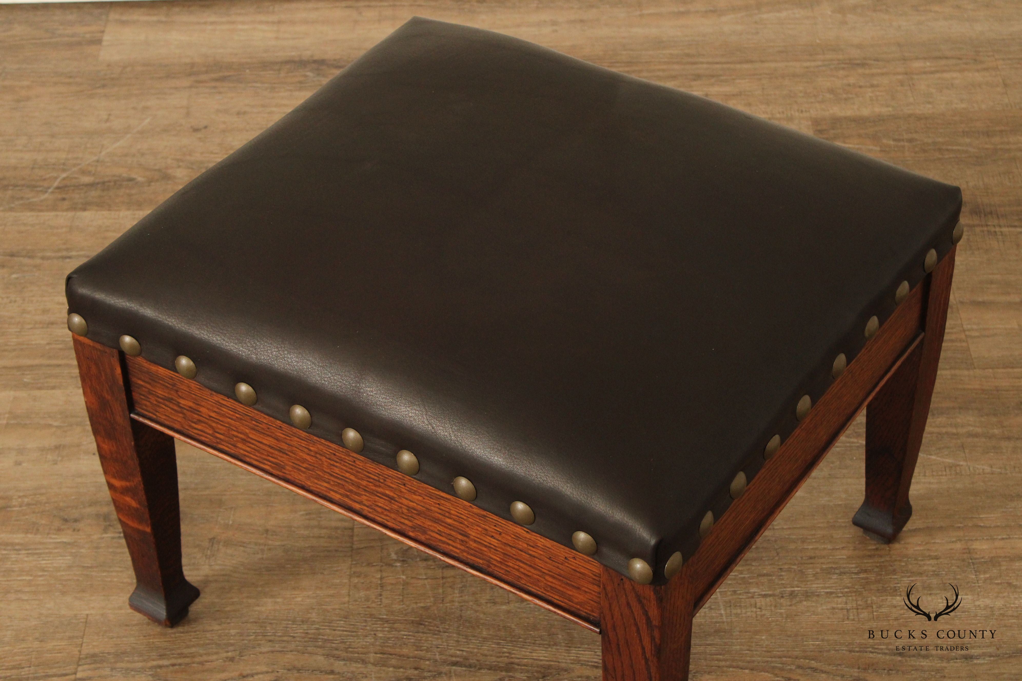 ANTIQUE MISSION OAK AND LEATHER FOOTSTOOL