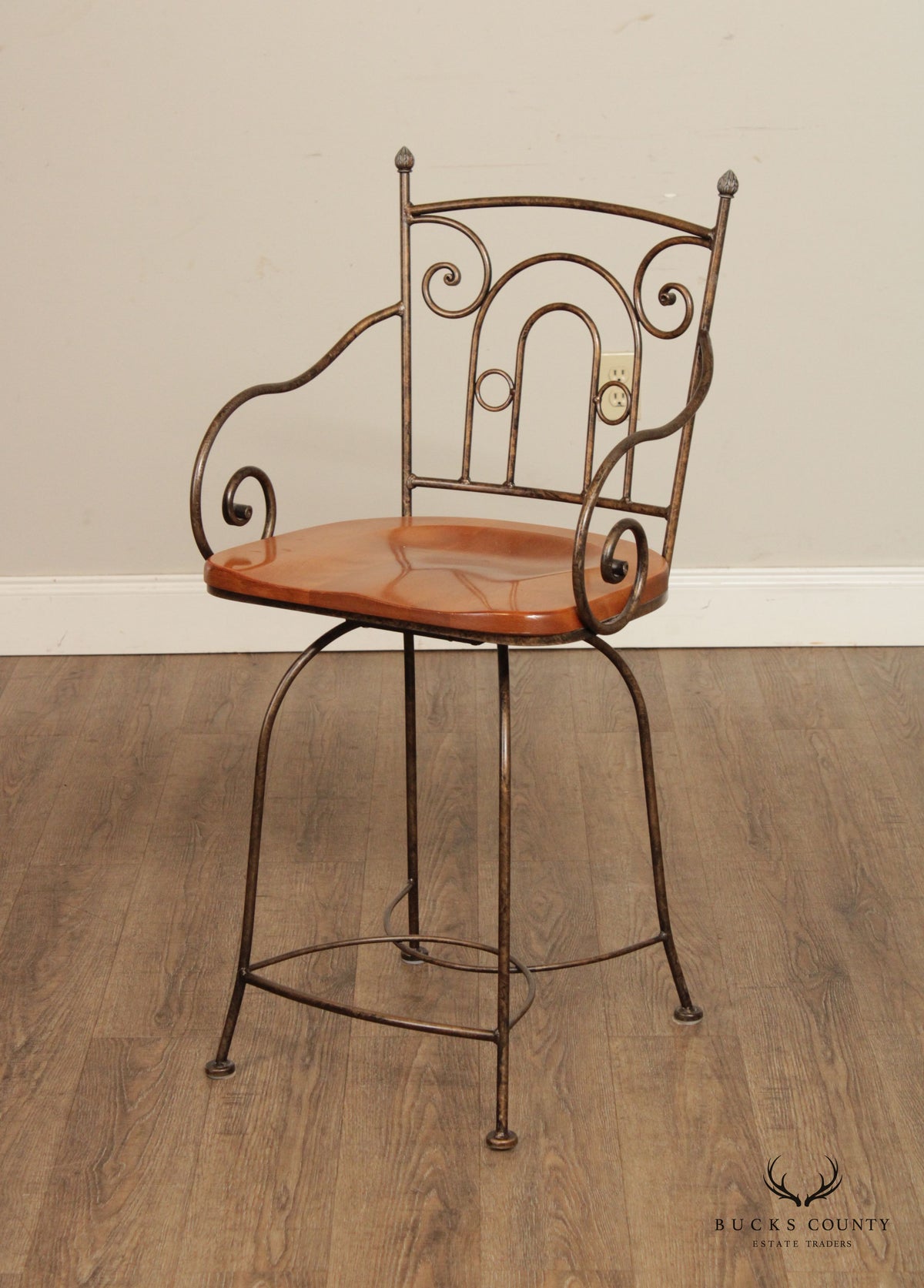 Tuscan Style Set Of 3 Wrought Iron and Wood Swivel Counter Stools