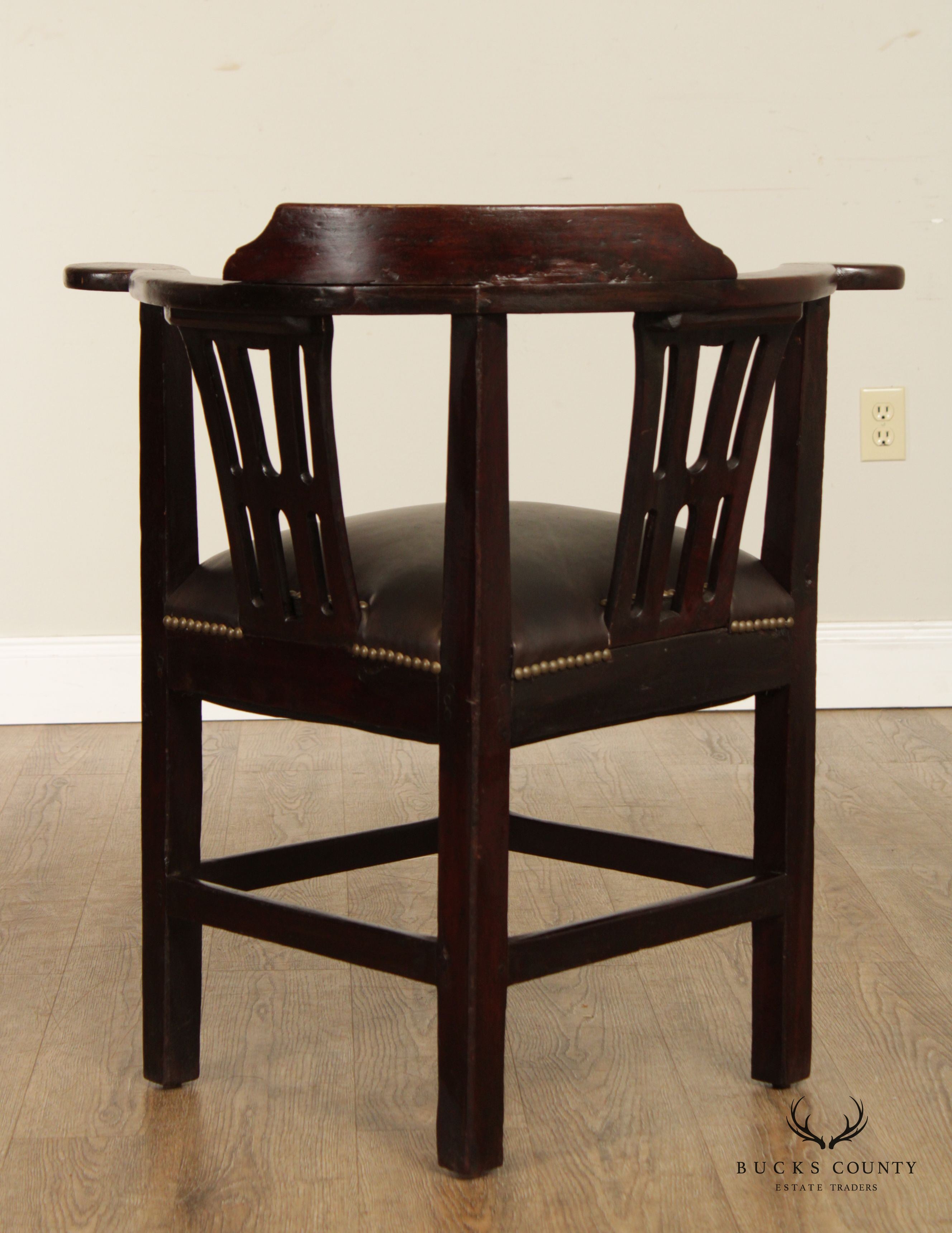 Antique 18th Century English Chippendale Style Pair of Mahogany and Leather Corner Chairs