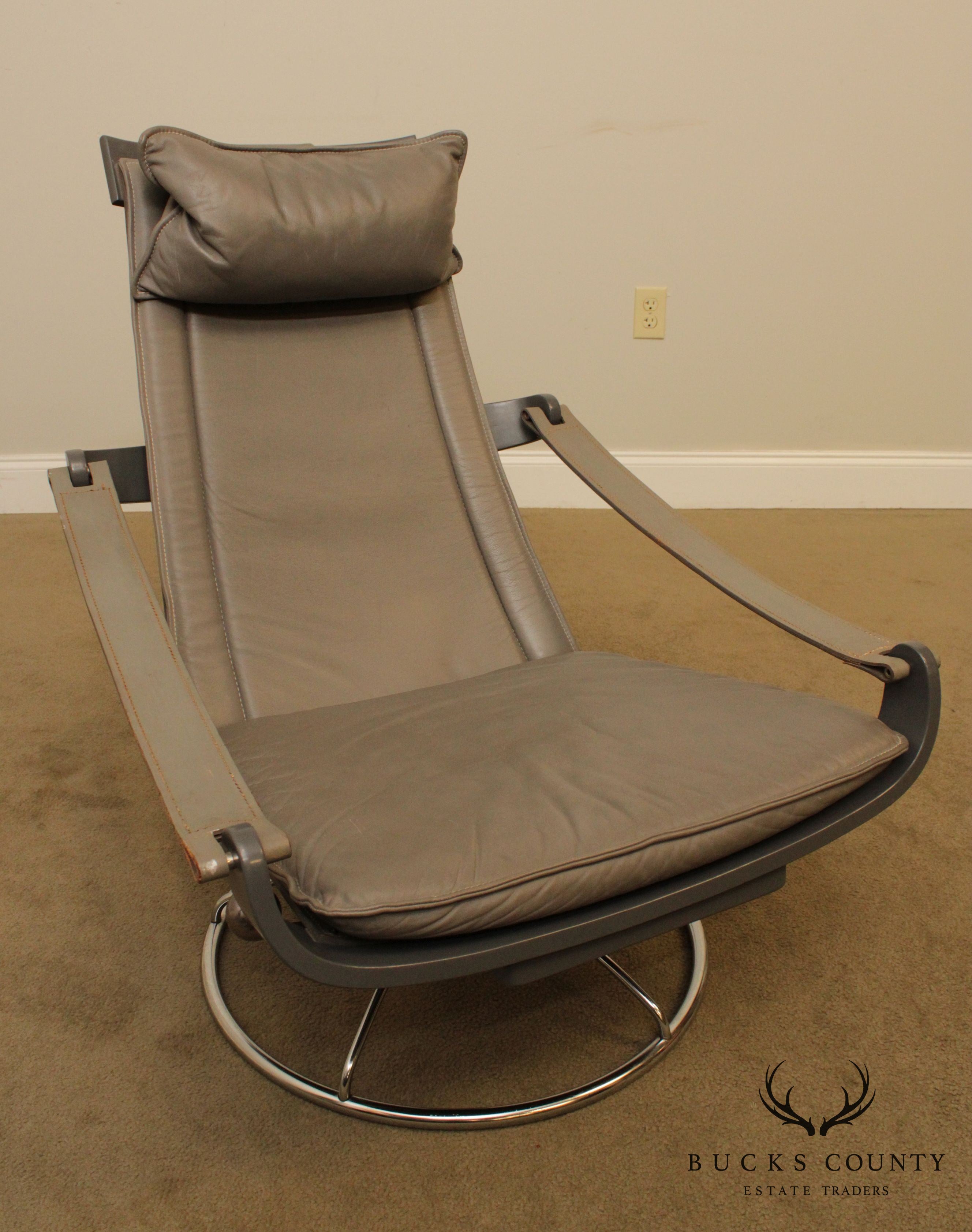 Mid Century Modern Grey Leather Chrome Base Swivel Lounge Chair