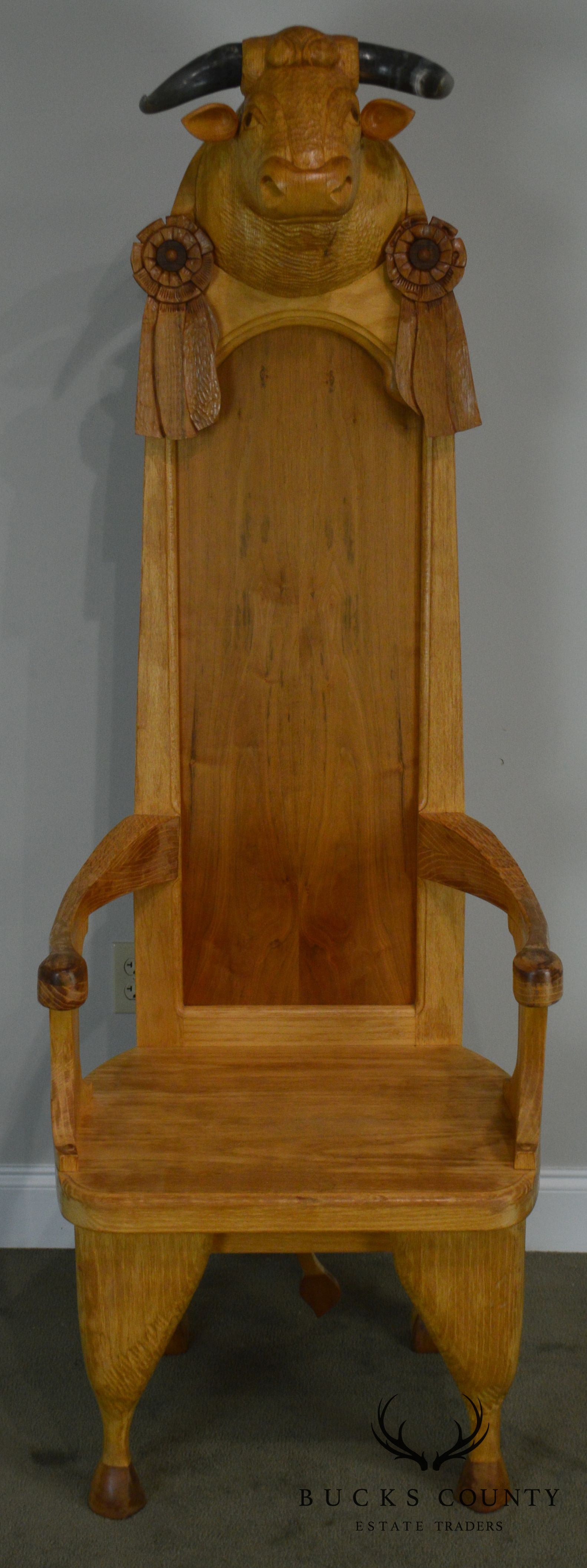 Hand Carved Bull Head with Horns Throne Chair