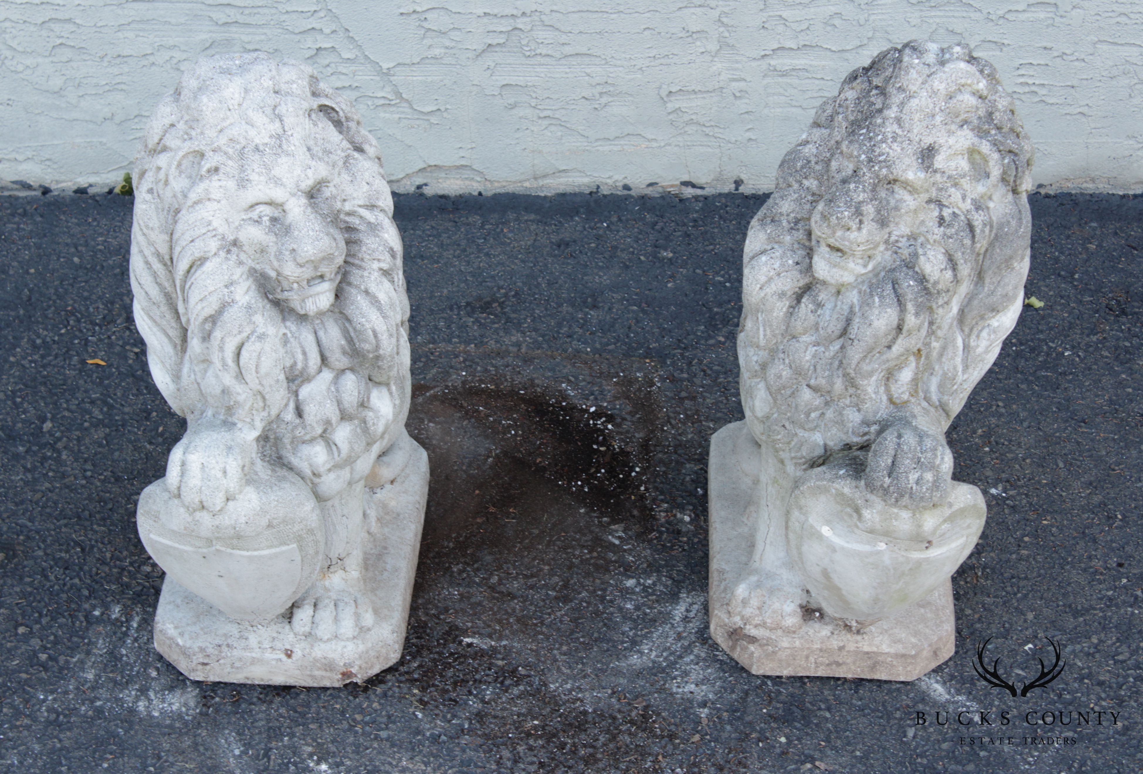 Vintage Pair Cast Stone Garden Lion Statues