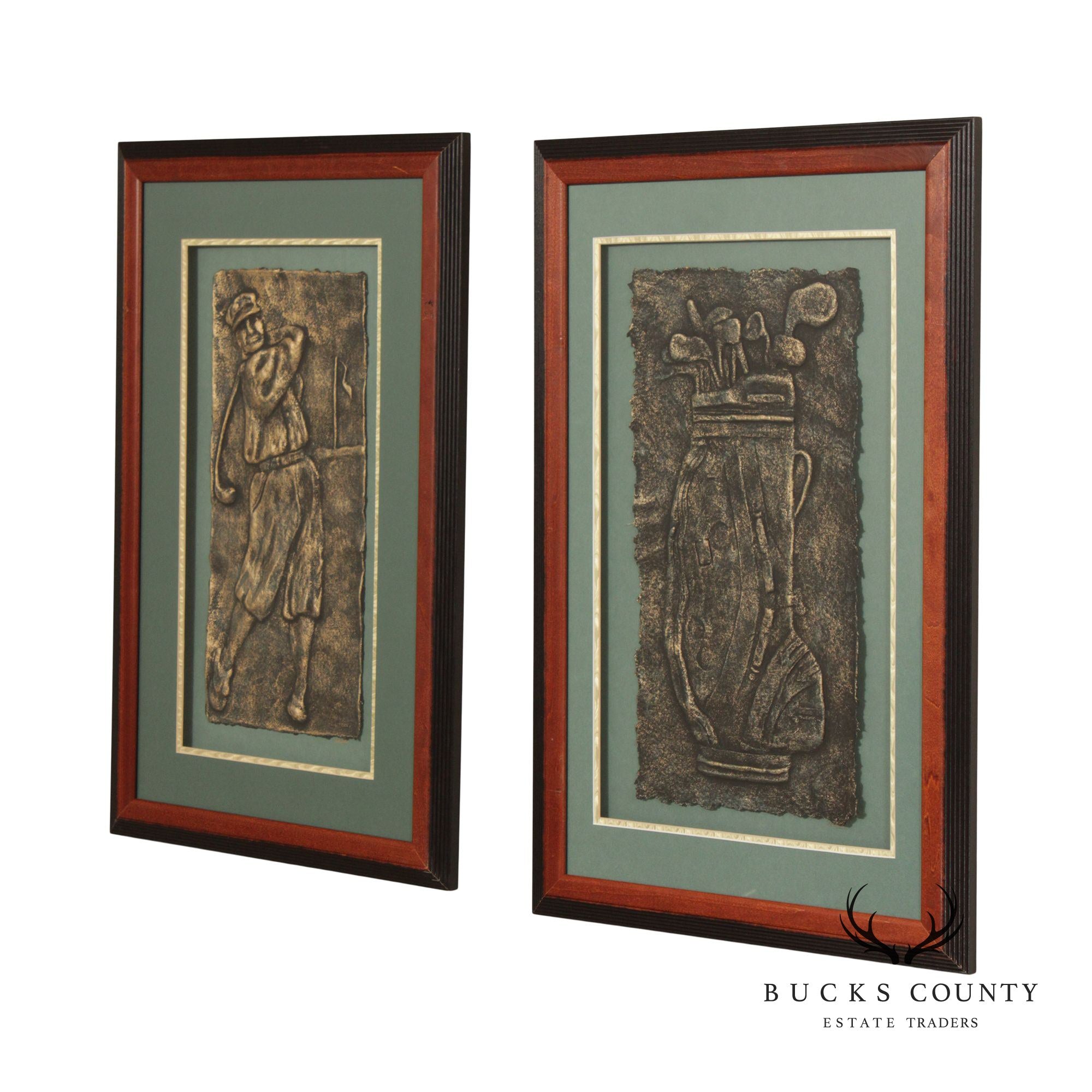 Frank Walcutt Vintage Golf Theme Pair Plaster Relief Prints, Custom Framed