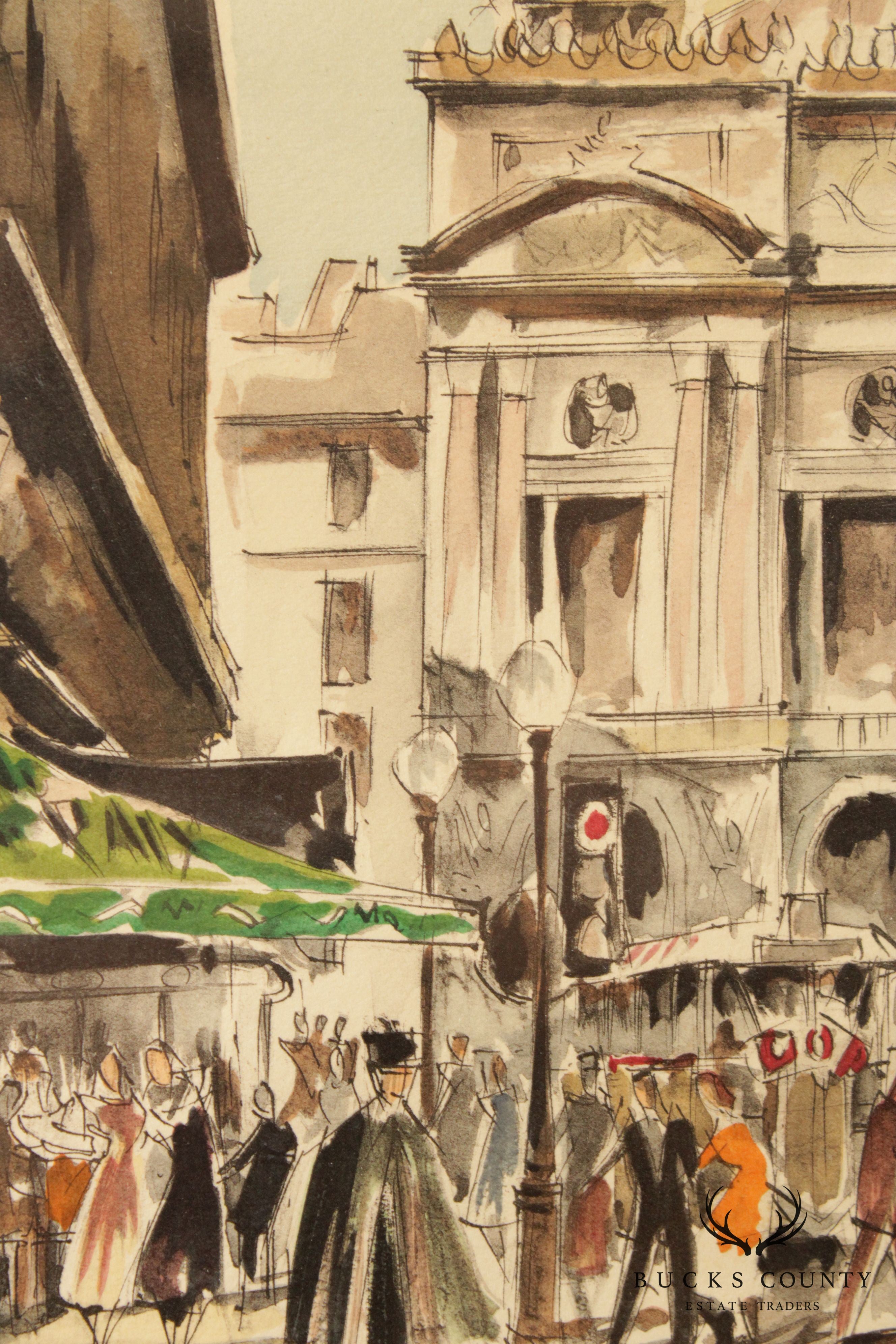 Franz Herbelot Parisian Cafe Street Scene Lithograph