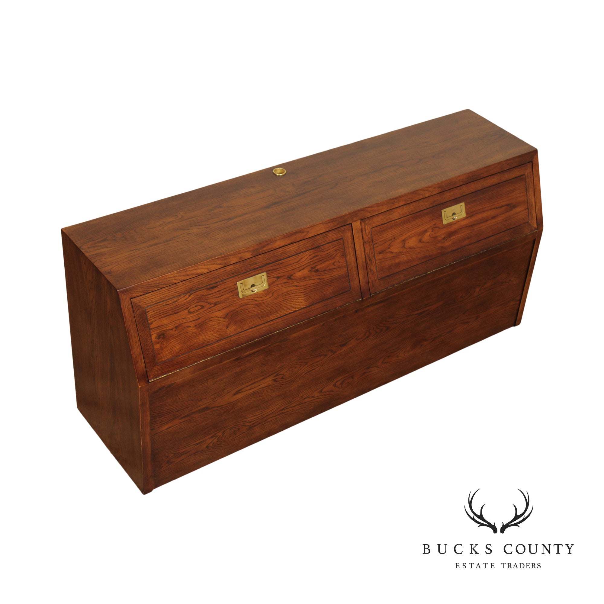 Henredon 'Scene One' Campaign Style Oak and Brass Queen Storage Headboard