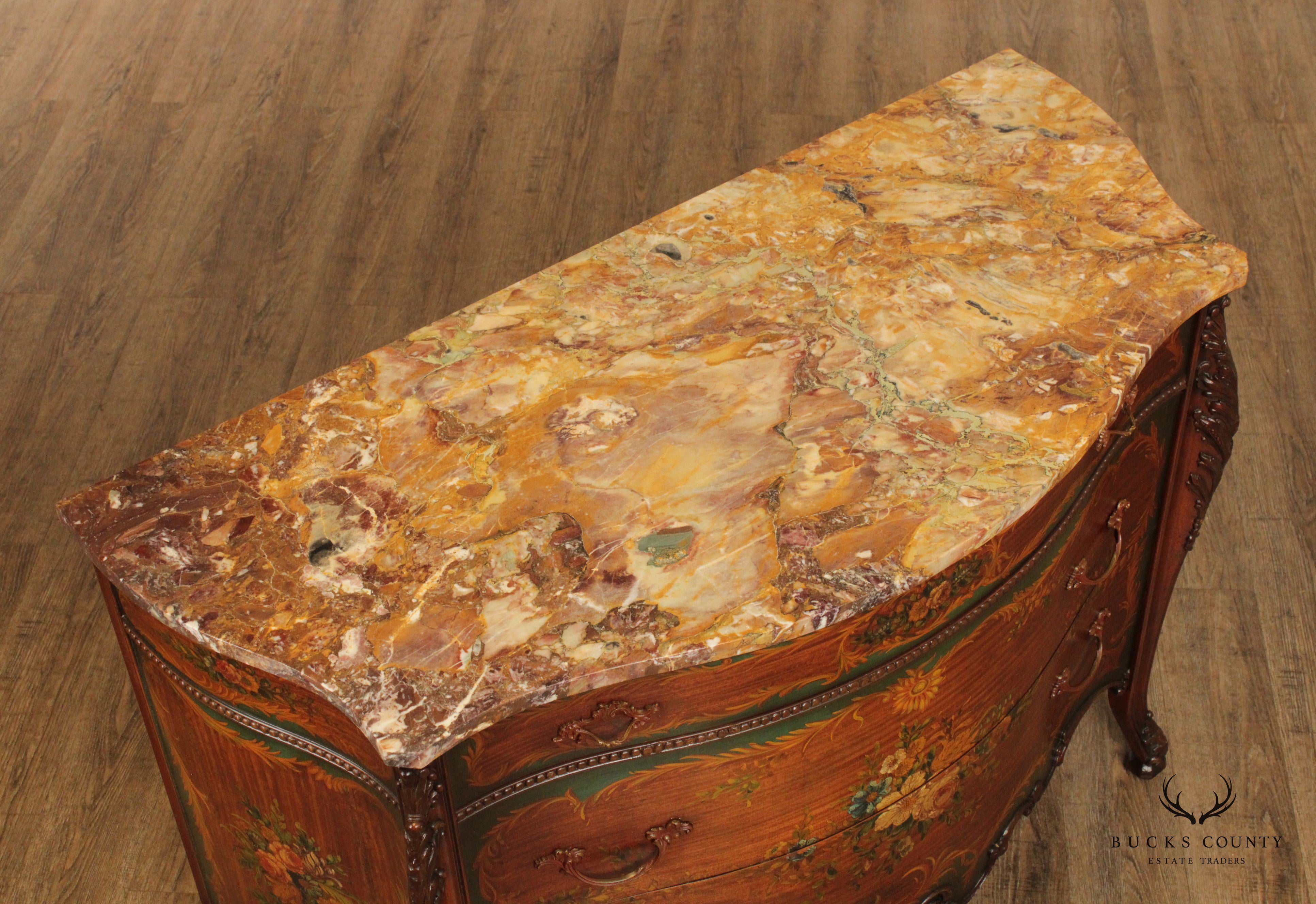 Johnson Furniture Co. Vintage French Louis XV Style Marble Top Paint Decorated Commode